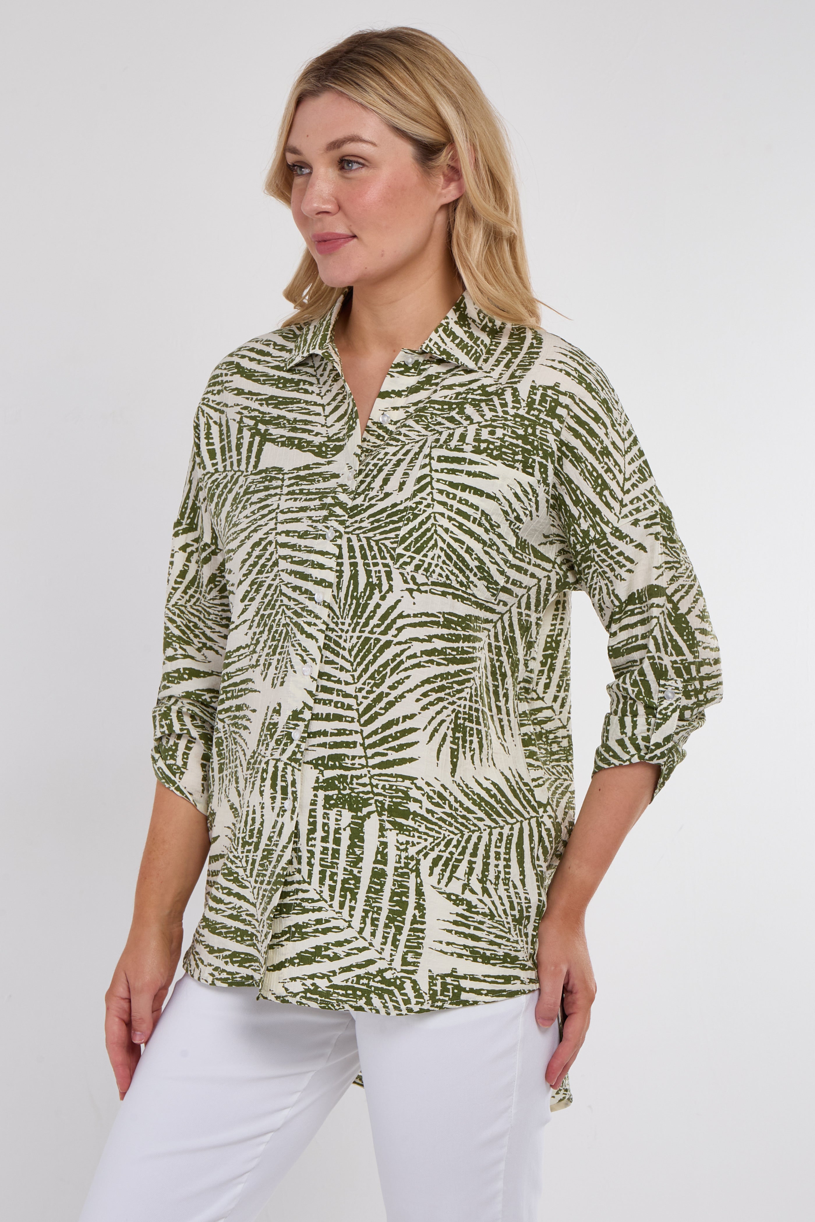 8Pcs Green Palm Leaf Print Long Sleeve Shirt