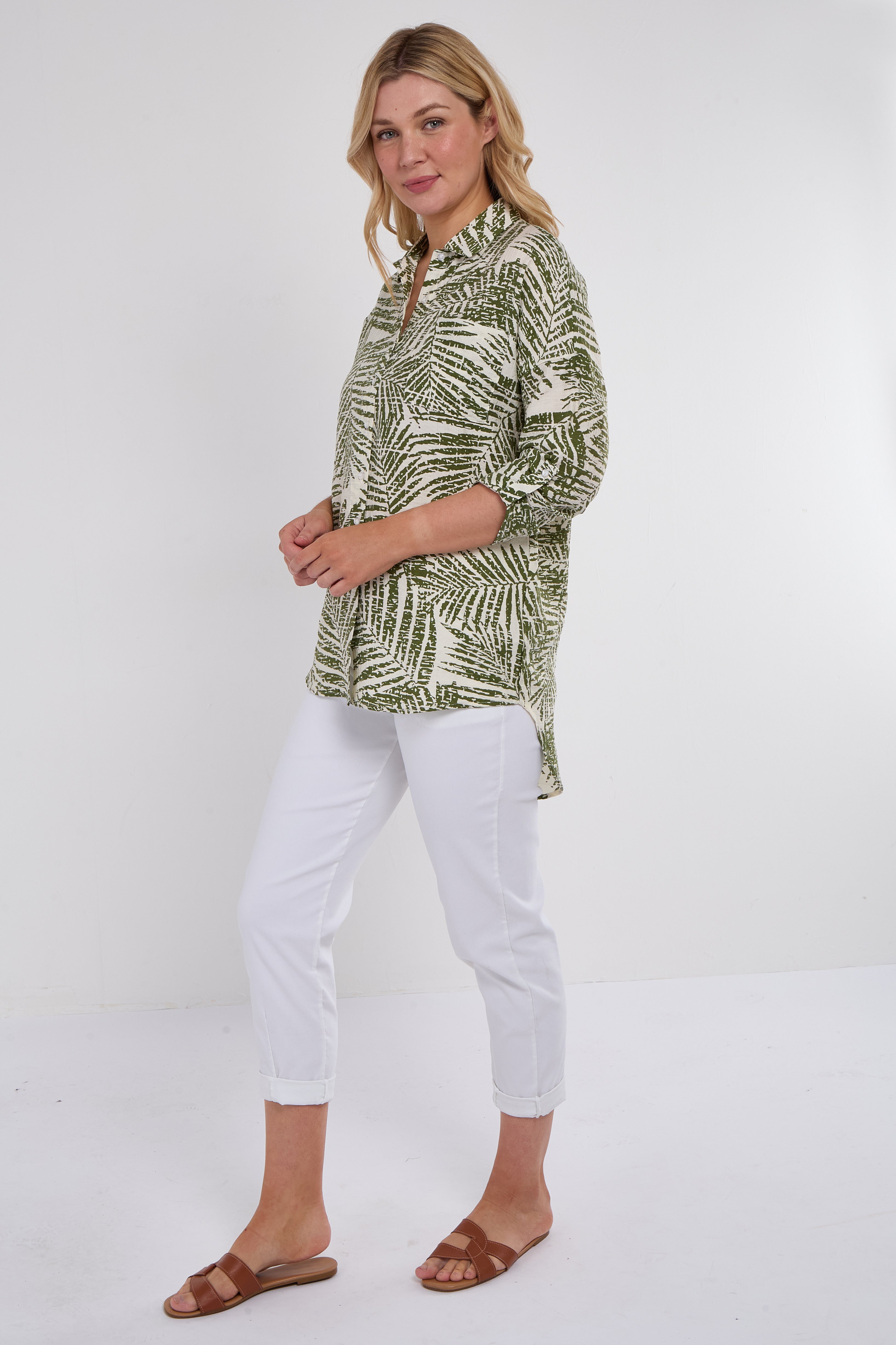8Pcs Green Palm Leaf Print Long Sleeve Shirt