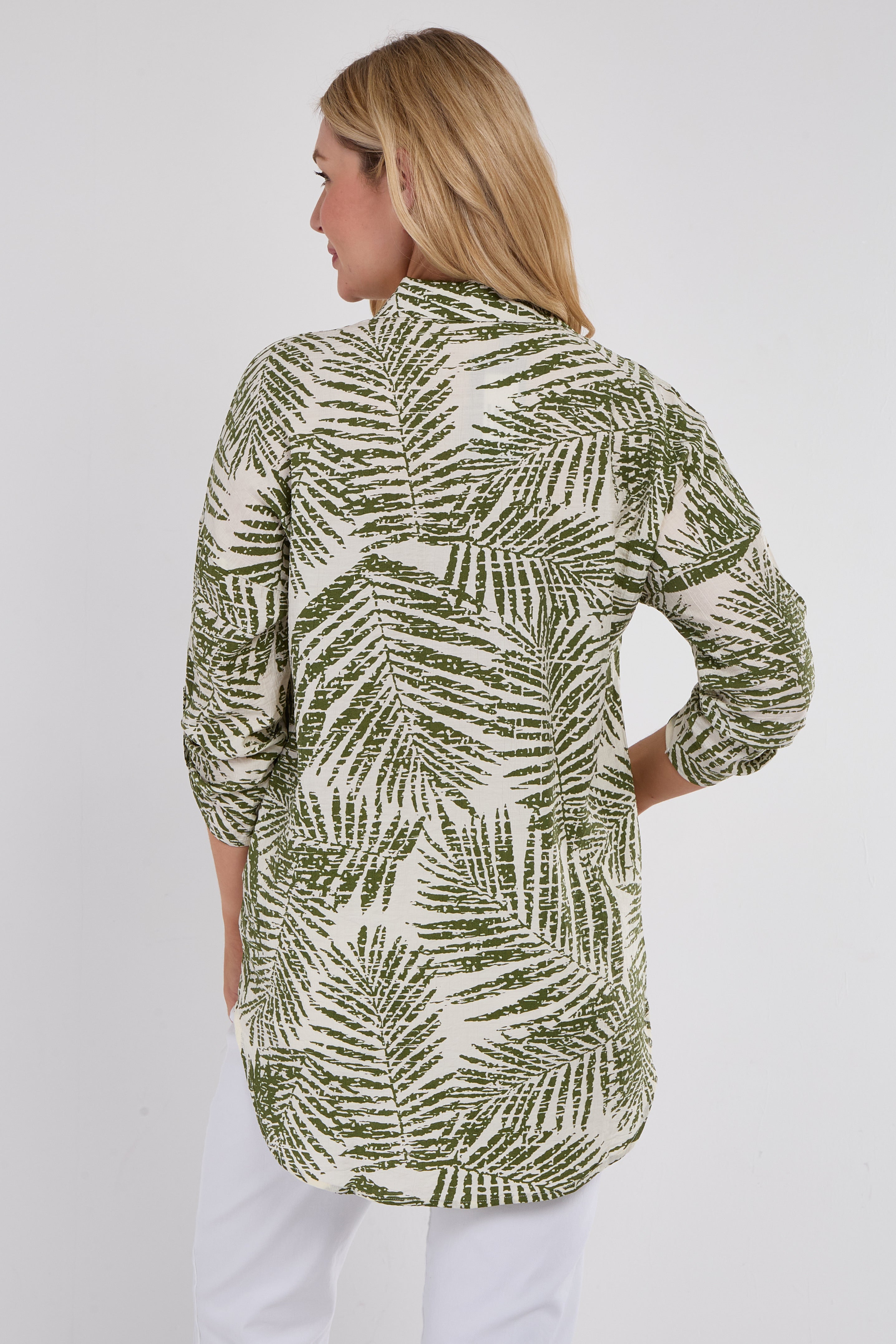 8Pcs Green Palm Leaf Print Long Sleeve Shirt