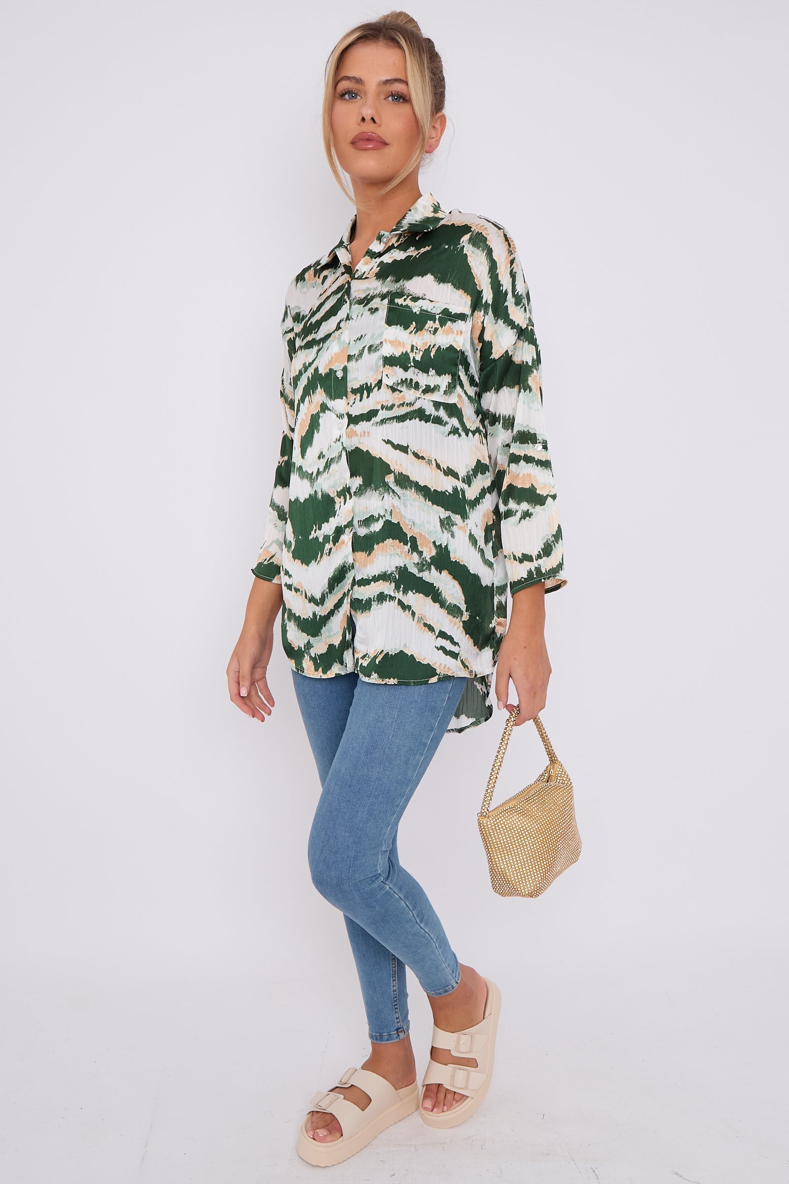 Love Sunshine Green Tie Dye Stripe Print Satin Oversized Shirt LS-5003