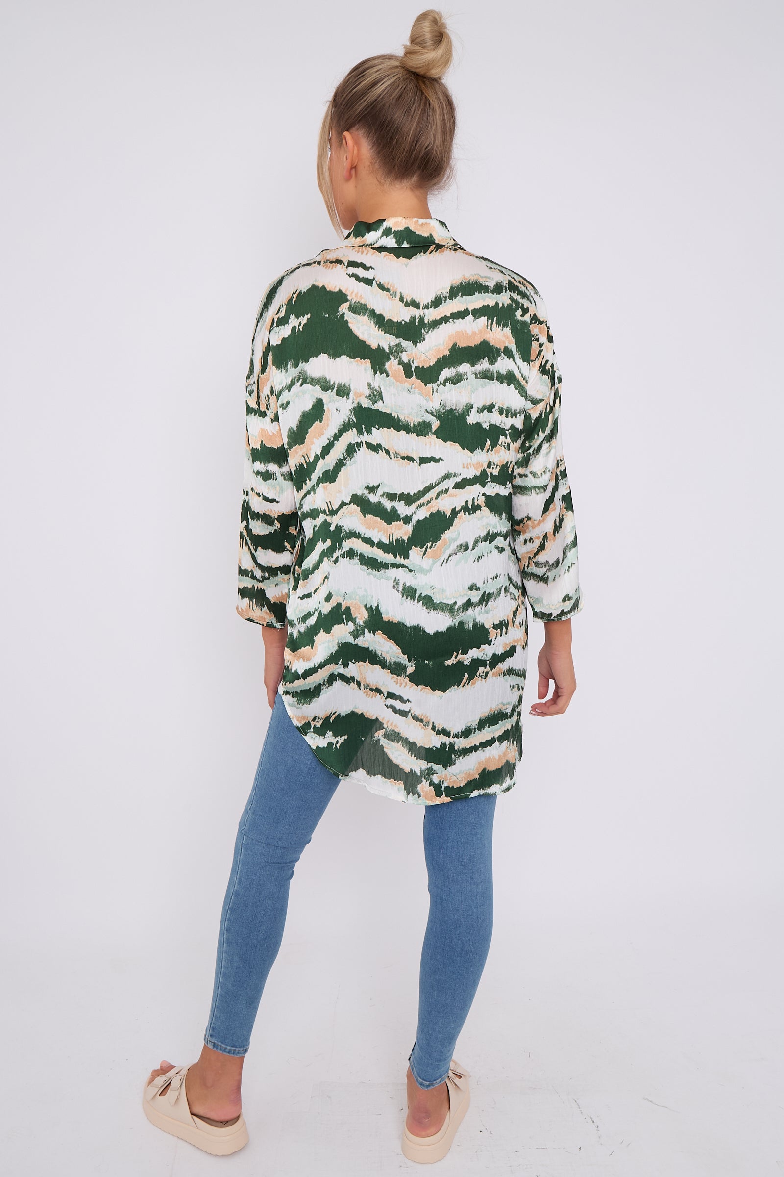 Love Sunshine Green Tie Dye Stripe Print Satin Oversized Shirt LS-5003