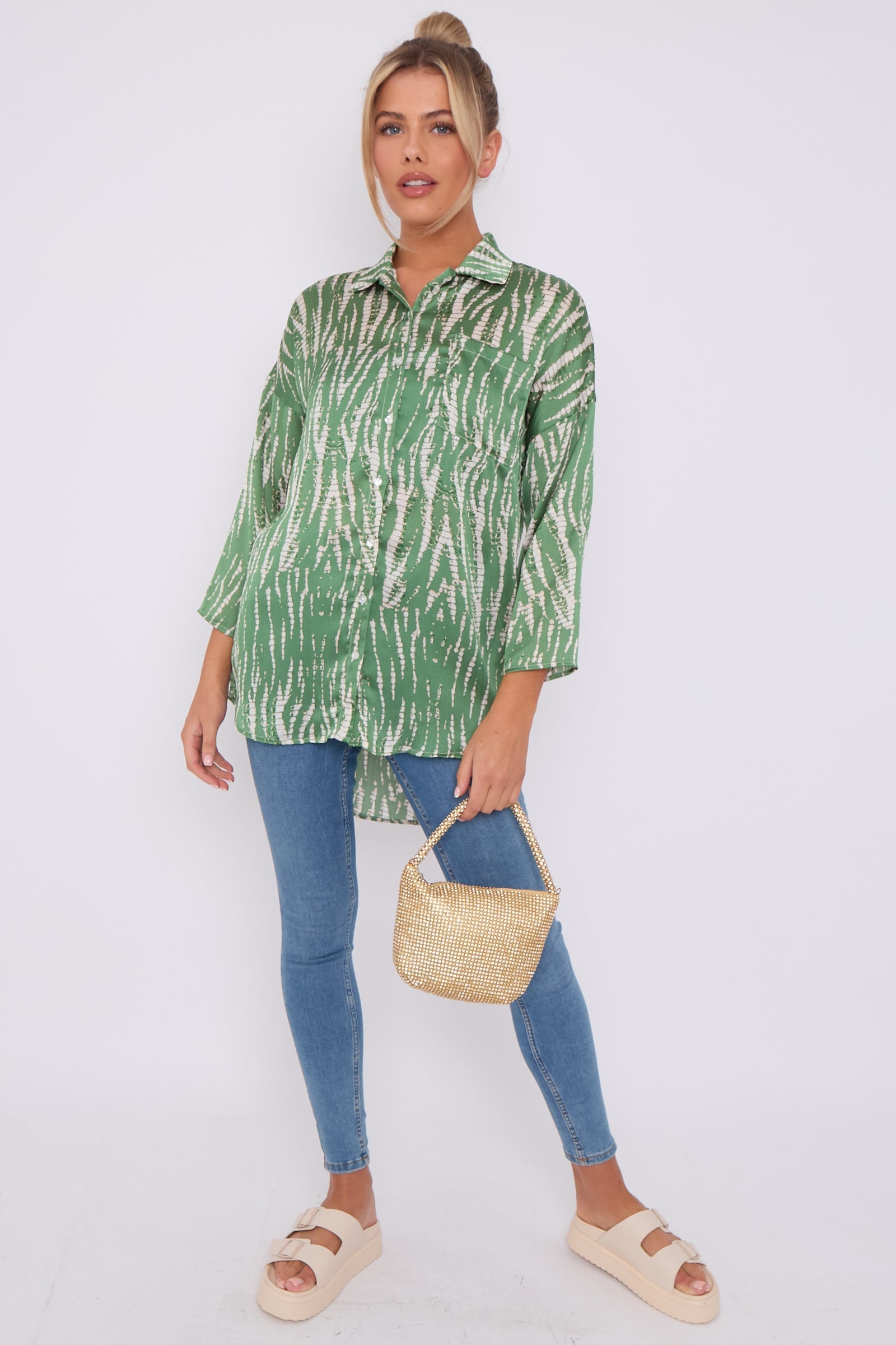 Love Sunshine Green Tie Dye Print Satin Oversized Shirt LS-5003