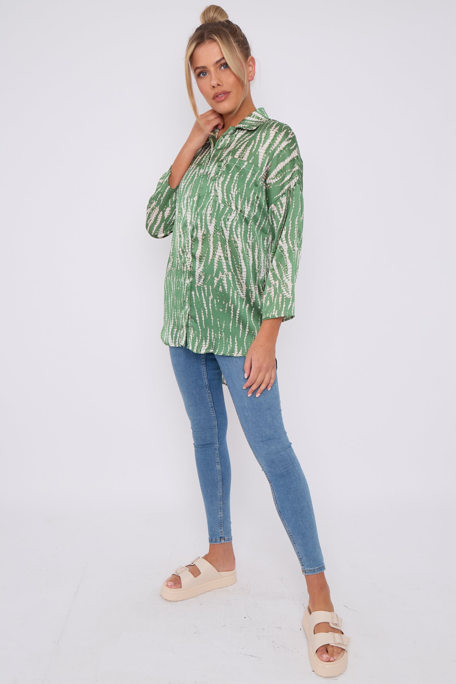 Love Sunshine Green Tie Dye Print Satin Oversized Shirt LS-5003