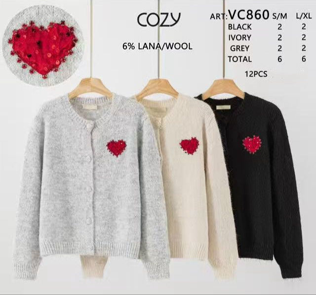 12Pcs Sequin Heart Wool Blend Cardigan- VC860