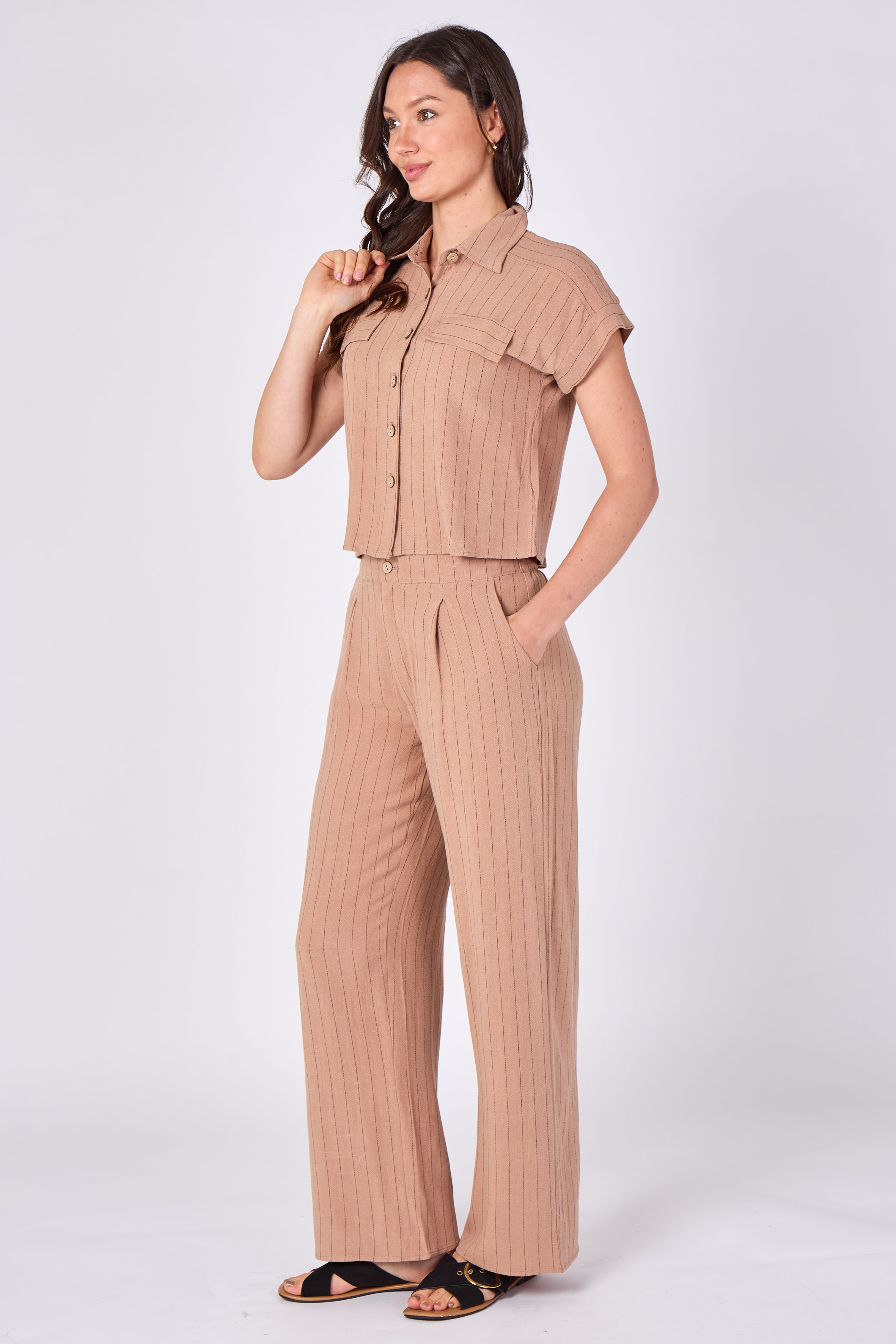 8Pcs Beige Pinstripe Shirt and Trousers set