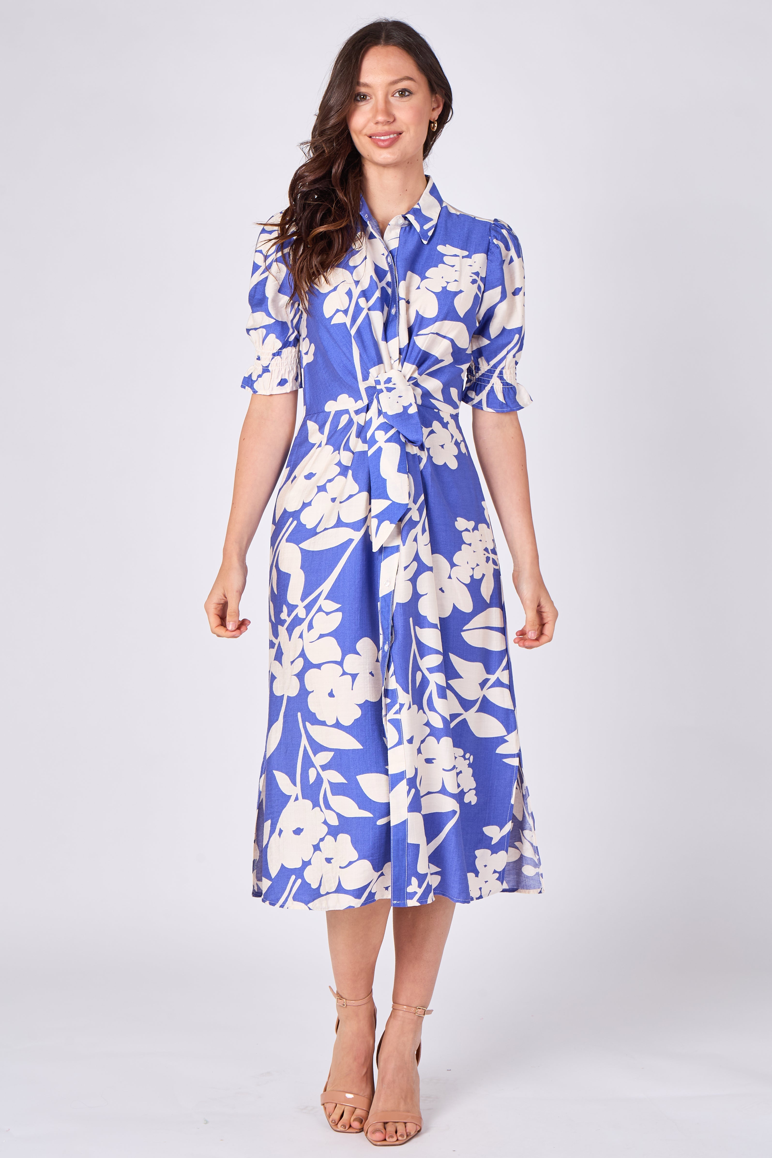 Blue floral print tie front midi shirt dress front view without bag