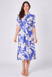 Blue floral print tie front midi shirt dress front view without bag