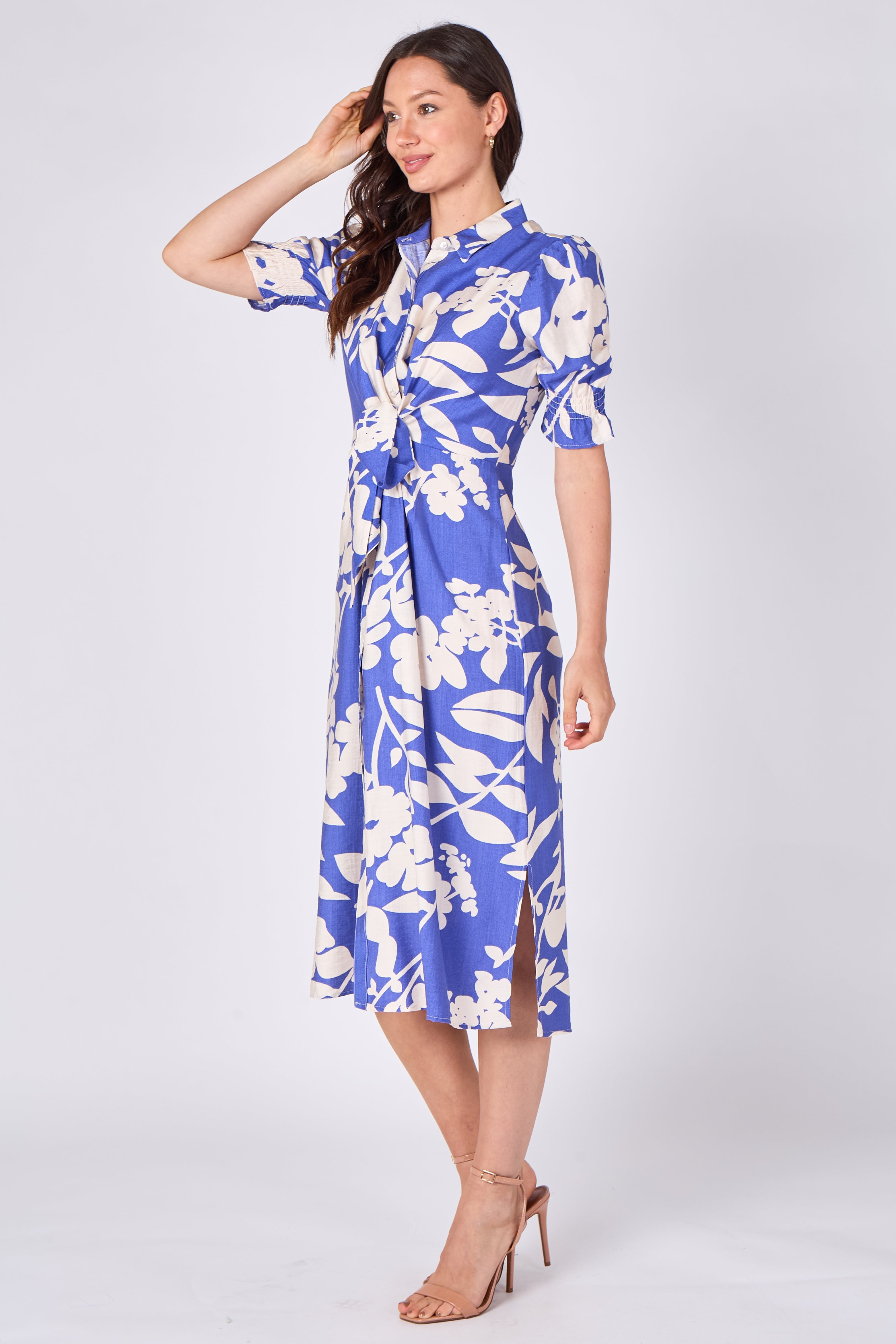 Blue floral print midi shirt dress side view
