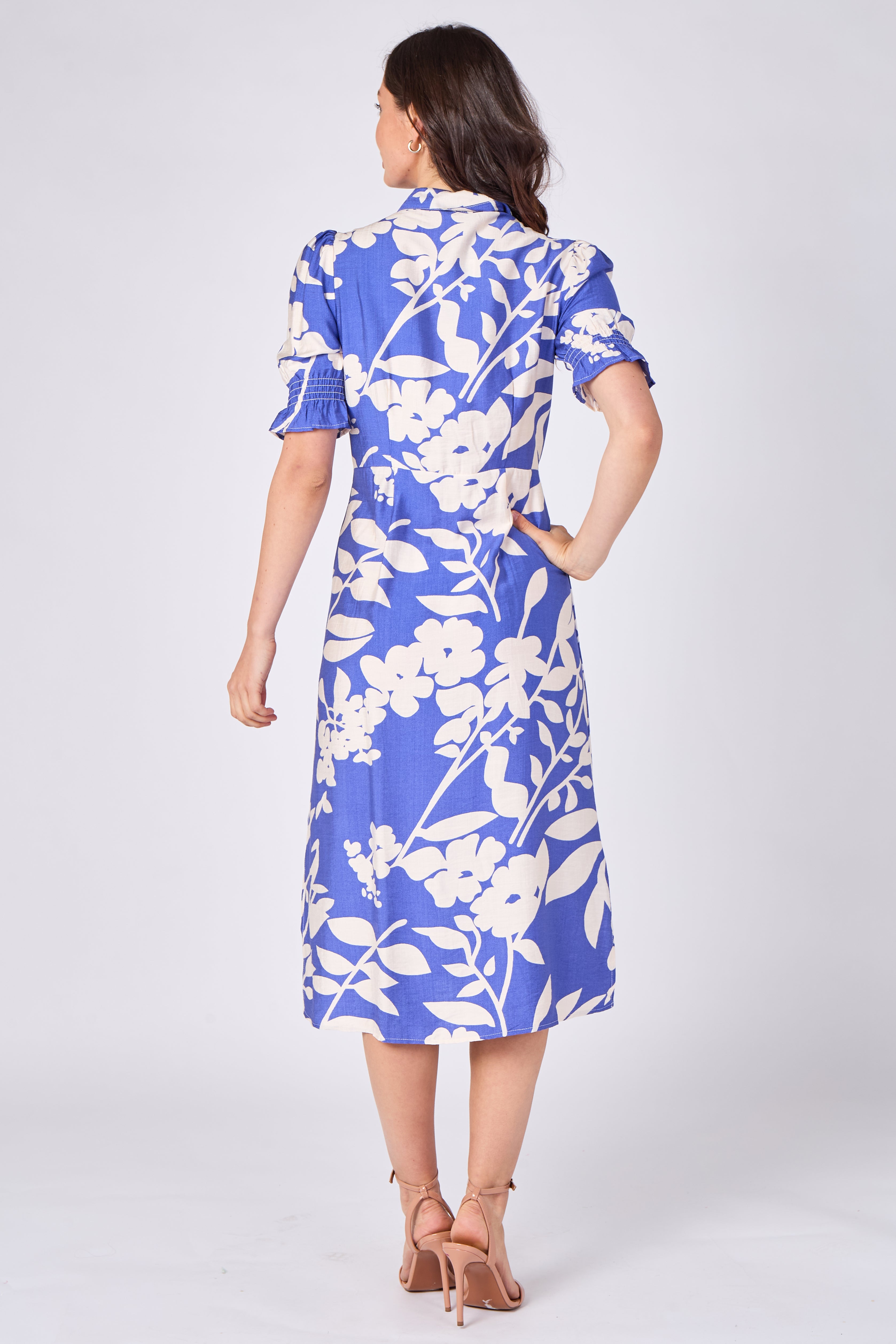 Blue floral print midi shirt dress back view
