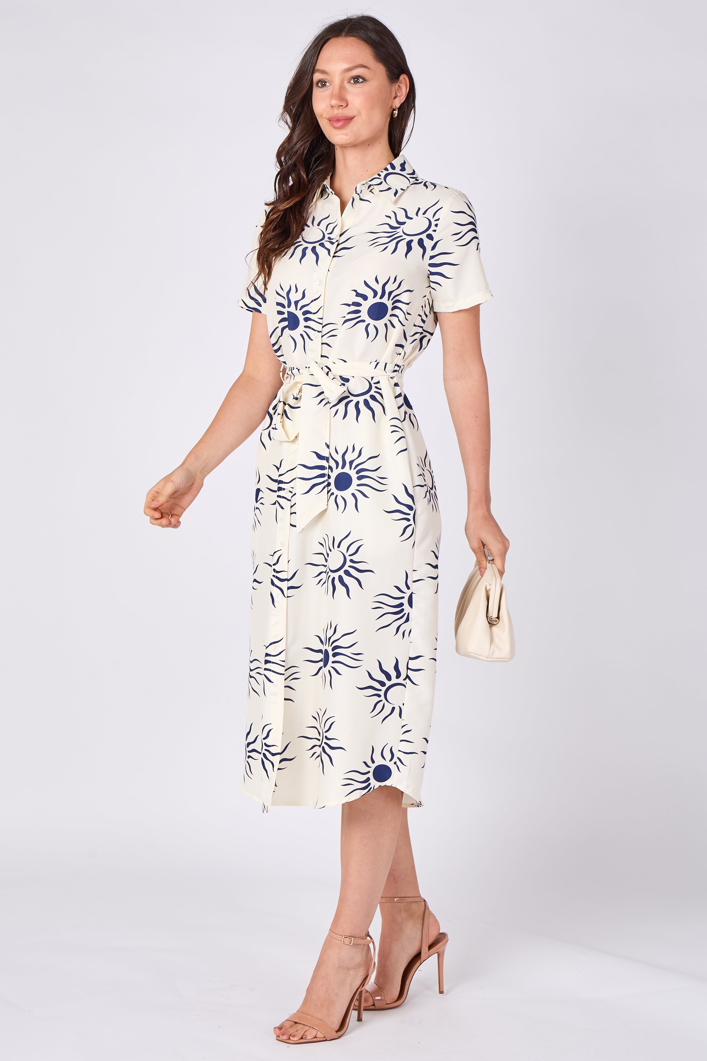 Cream sun print midi shirt dress angled front view