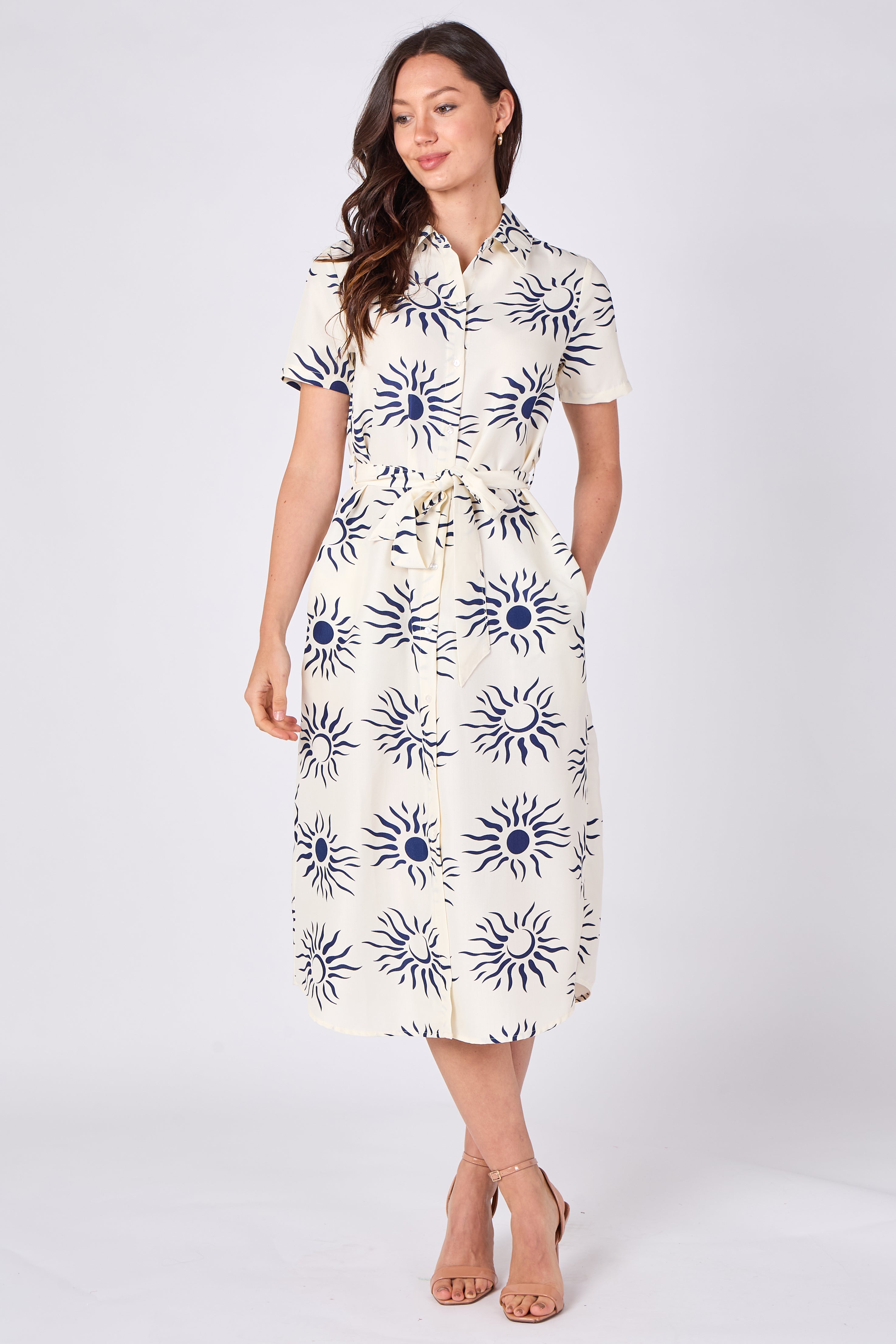 Cream sun print midi shirt dress alternate front view