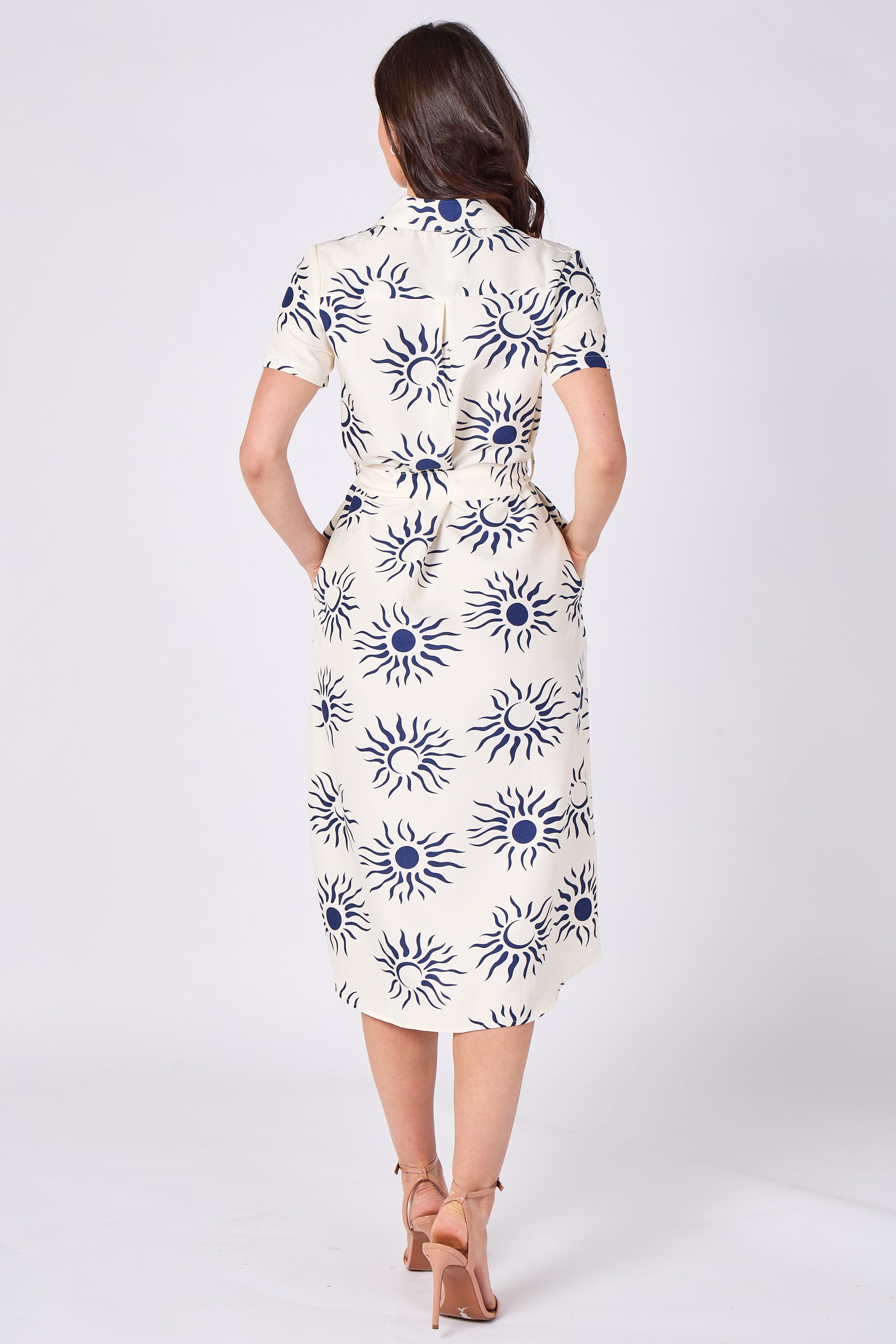 Cream sun print midi shirt dress back view