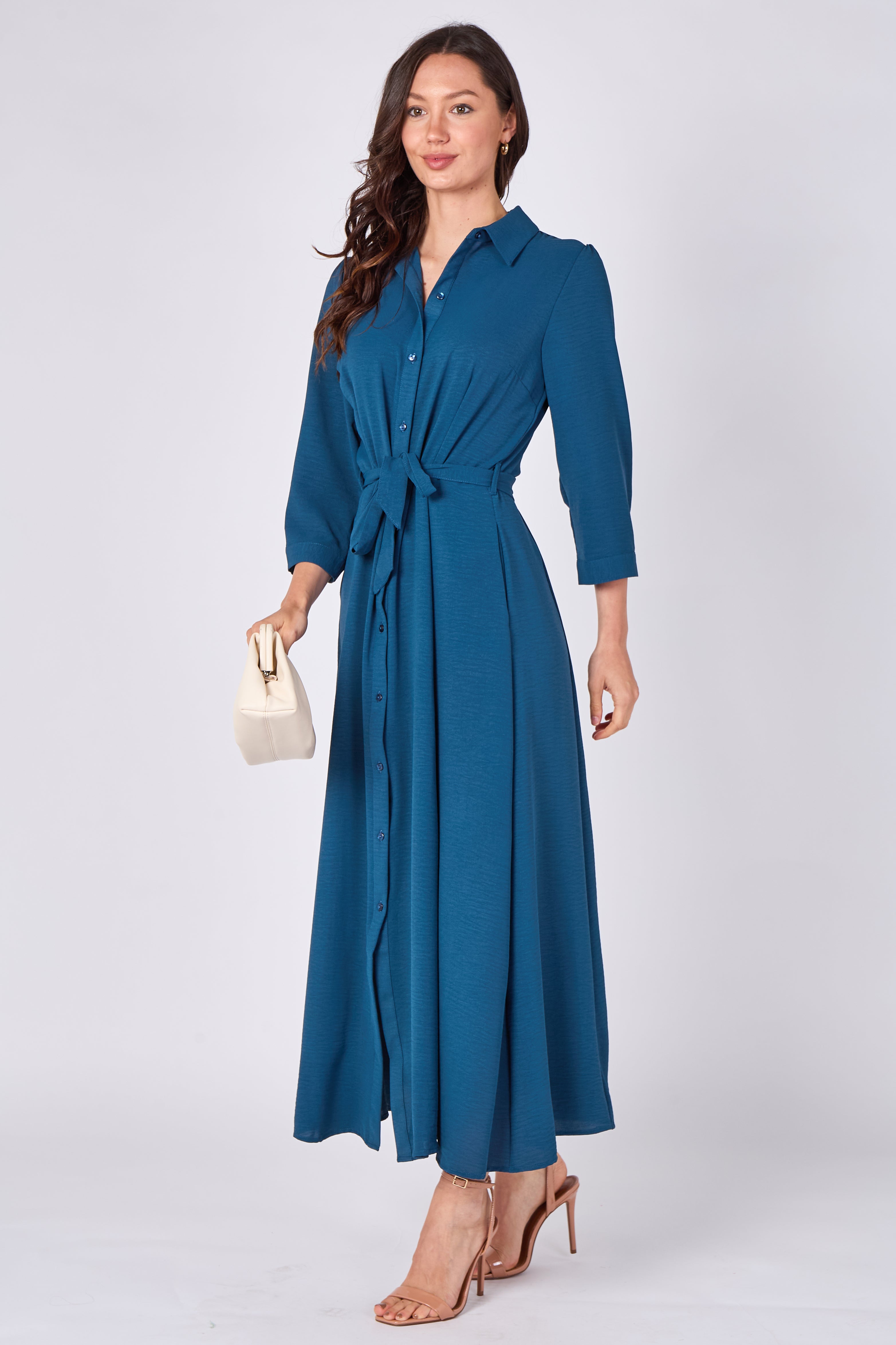 8Pcs Teal Button Front Belted Maxi Shirt Dress