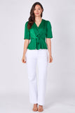 Green satin tie front short sleeve top front view