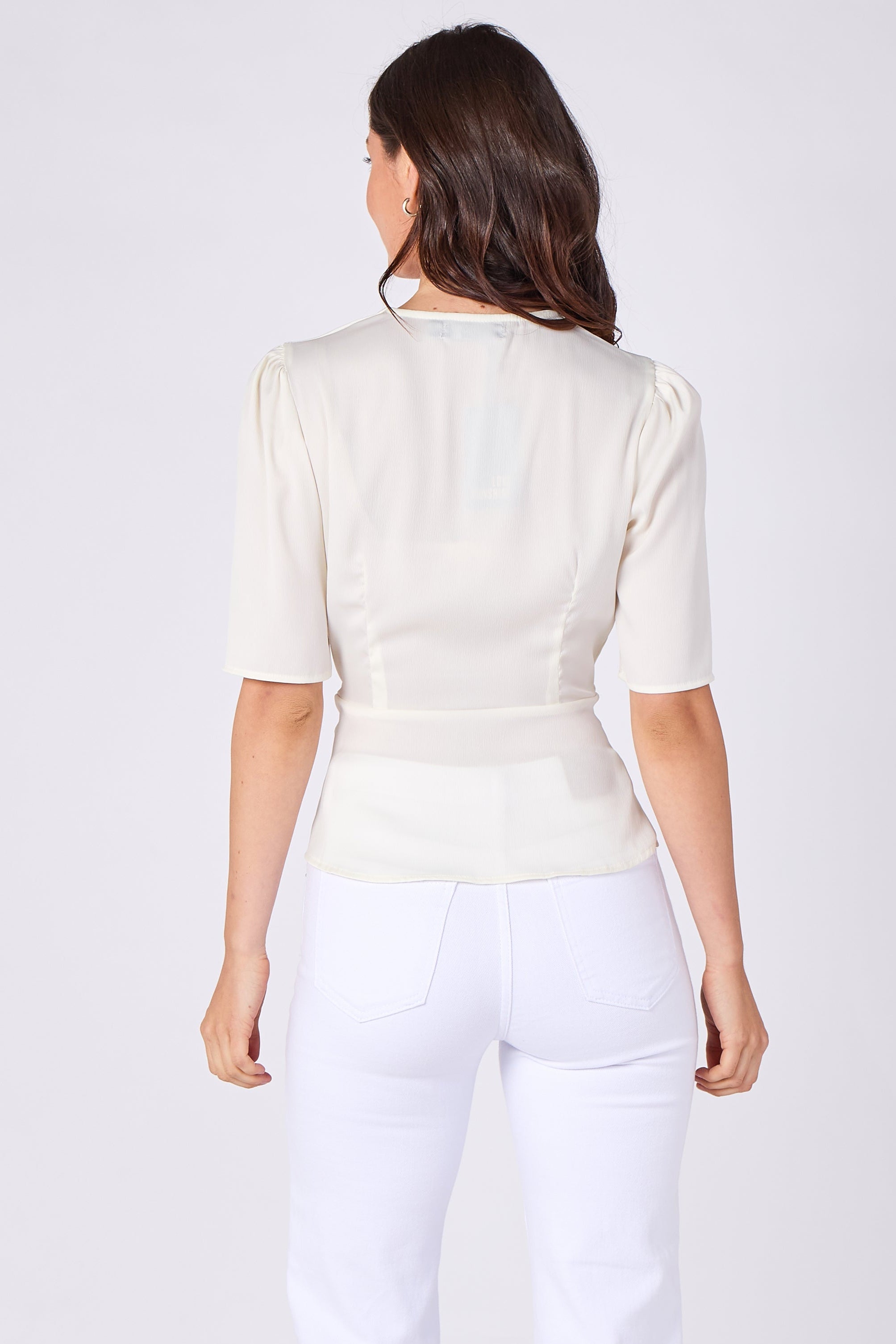 Ivory satin tie front short sleeve top back view
