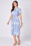 Blue paisley print midi shirt dress alternate front view