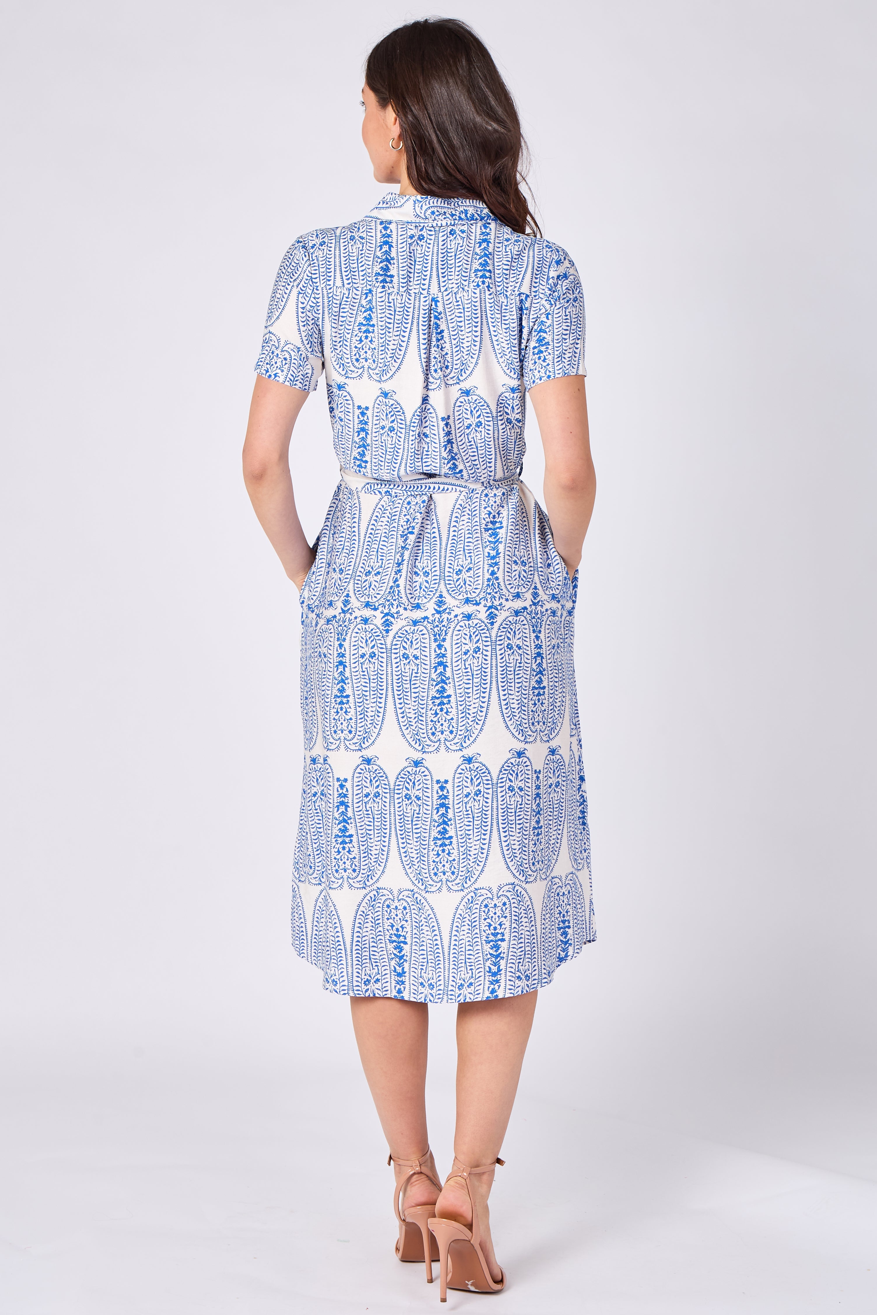 Blue paisley print midi shirt dress back view