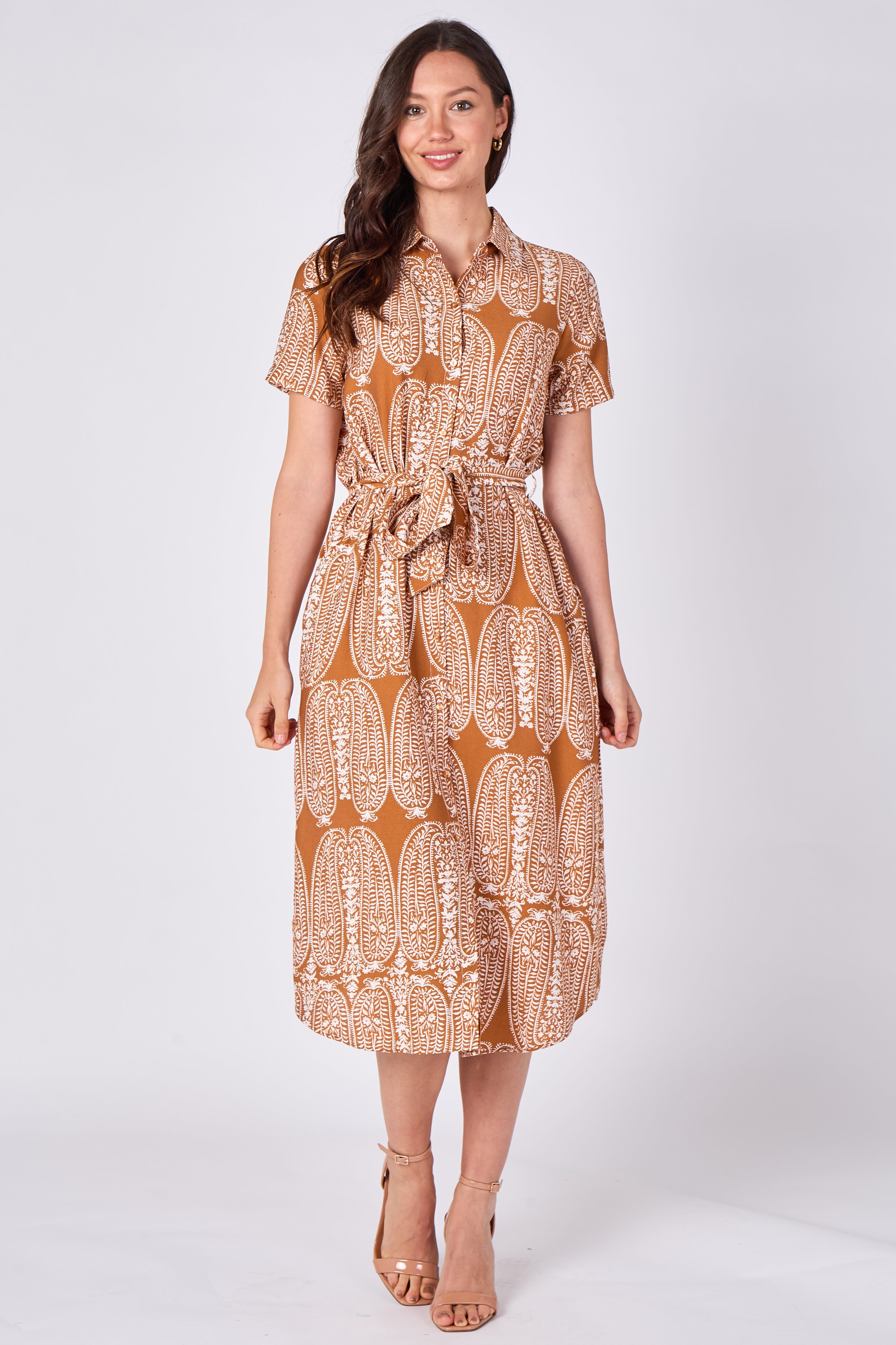 Rust paisley print midi shirt dress front view