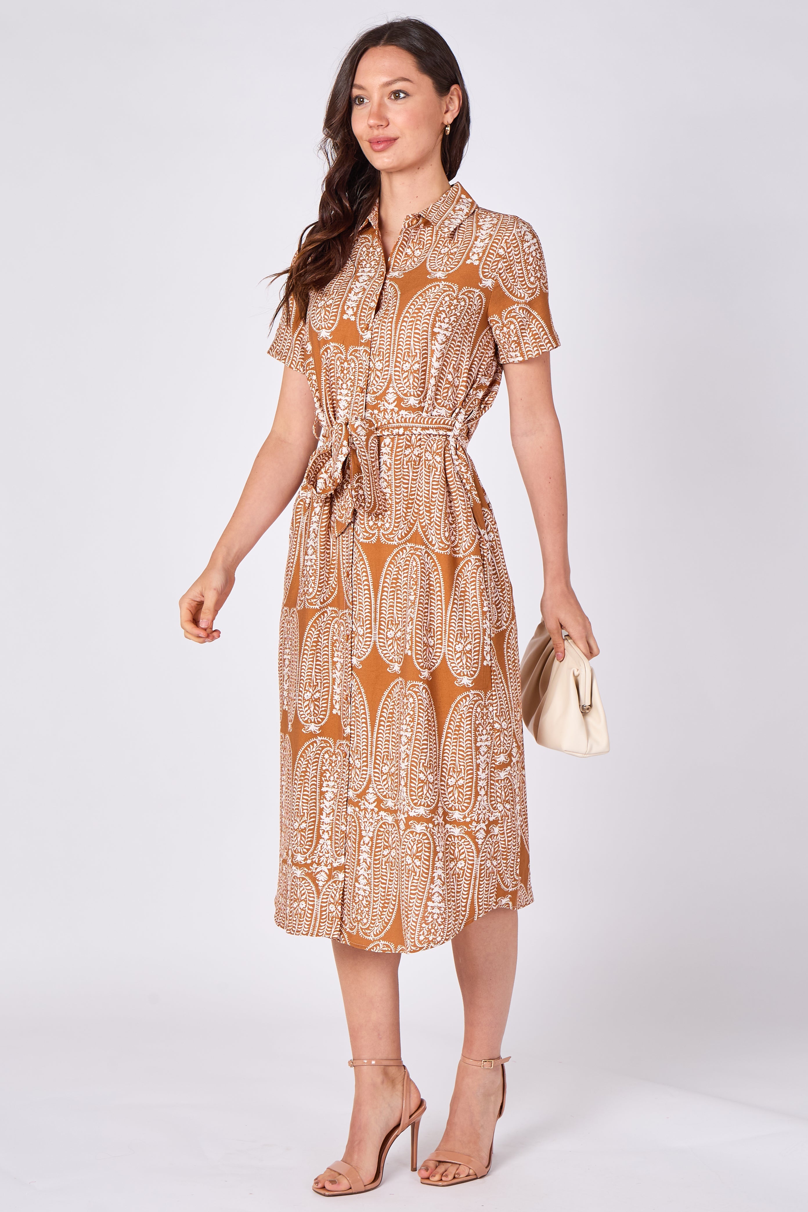 Rust paisley print midi shirt dress angled front view