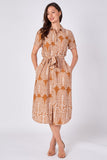 Rust paisley print midi shirt dress side view