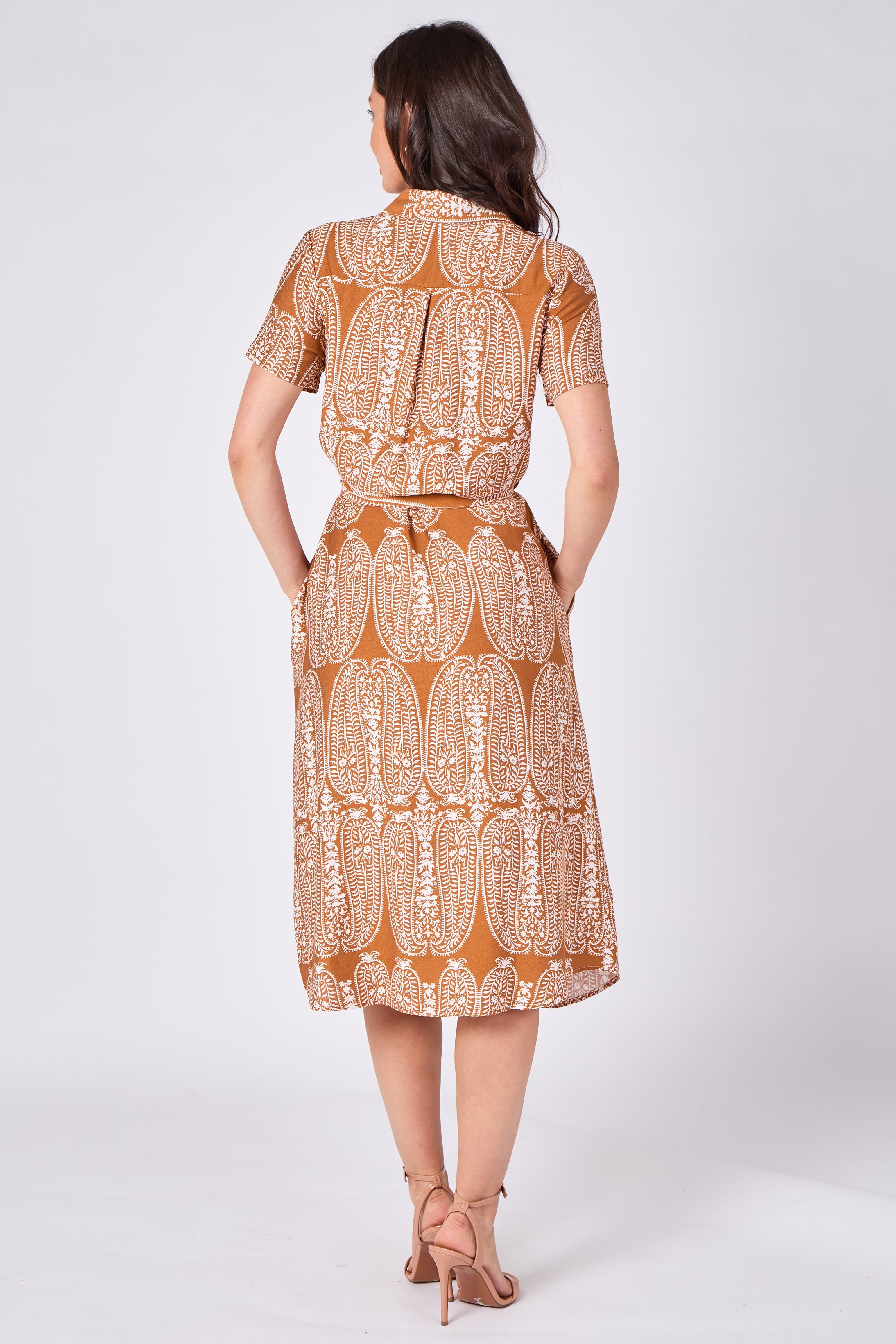 Rust paisley print midi shirt dress back view