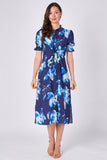 Navy blue floral print tie front midi shirt dress front view without bag
