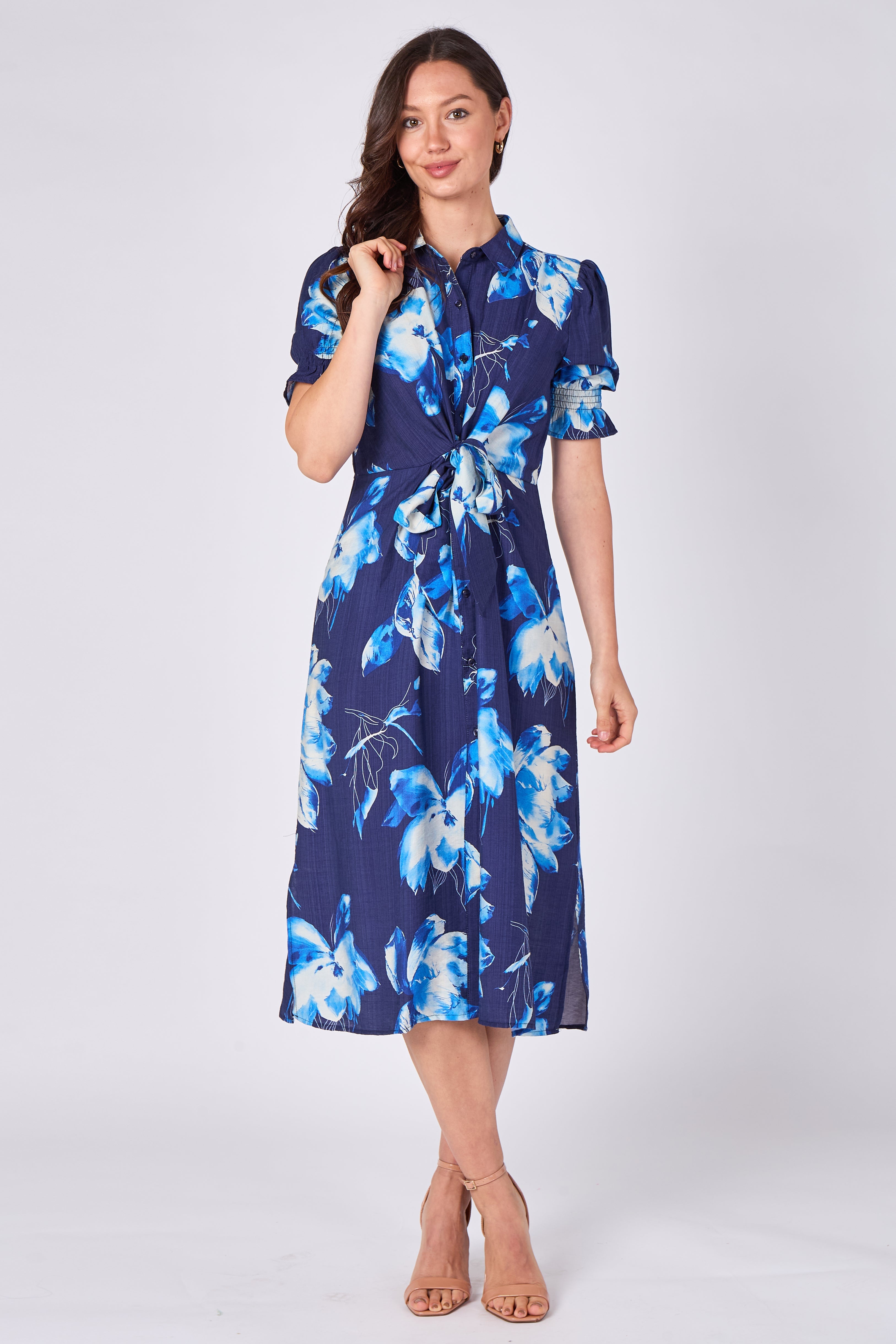 Navy blue floral print tie front midi shirt dress angled front view