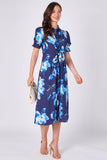 Navy blue floral print midi shirt dress side view