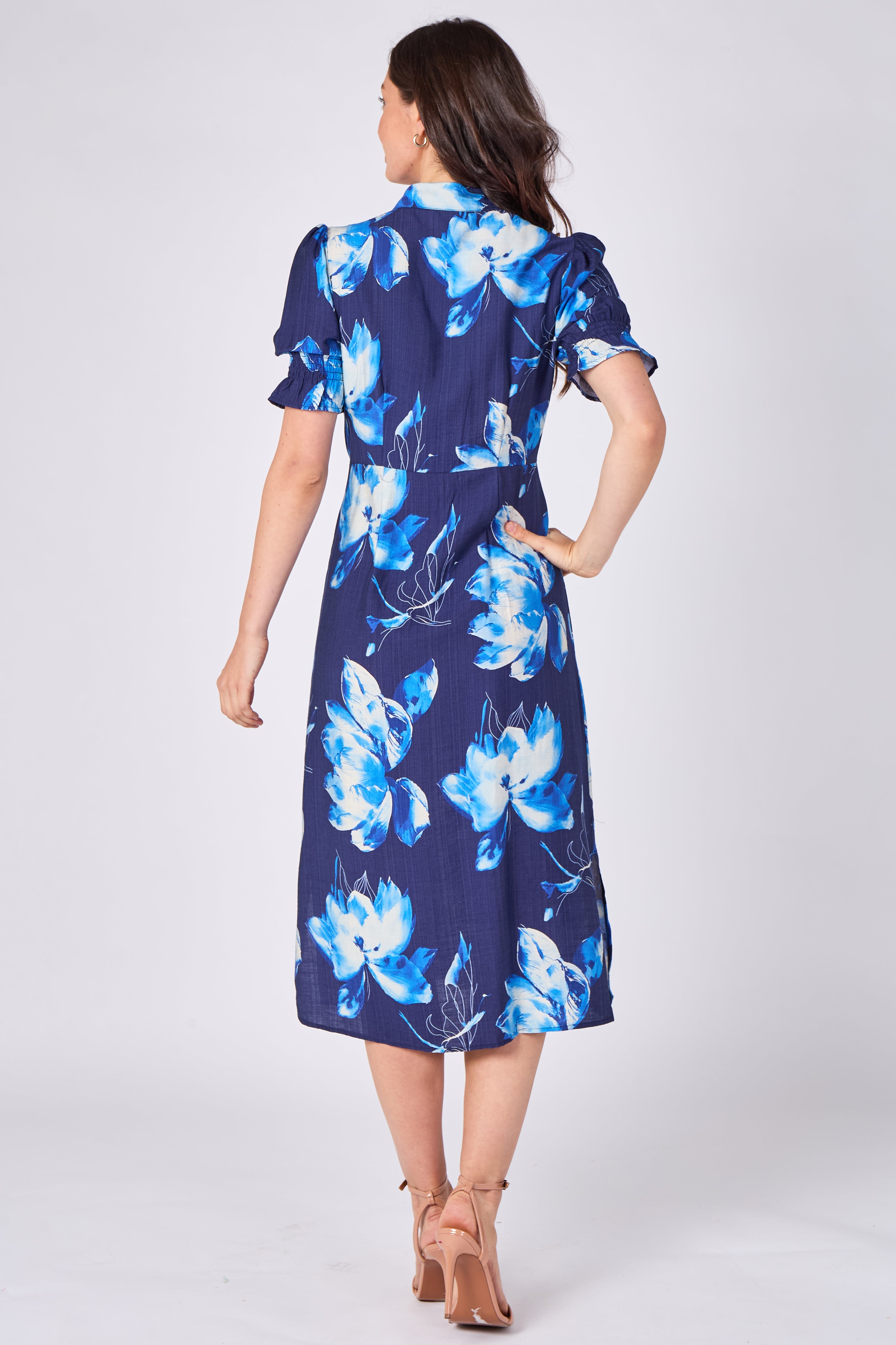 Navy blue floral print midi shirt dress back view