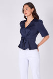 Navy short sleeve tie front satin top side view