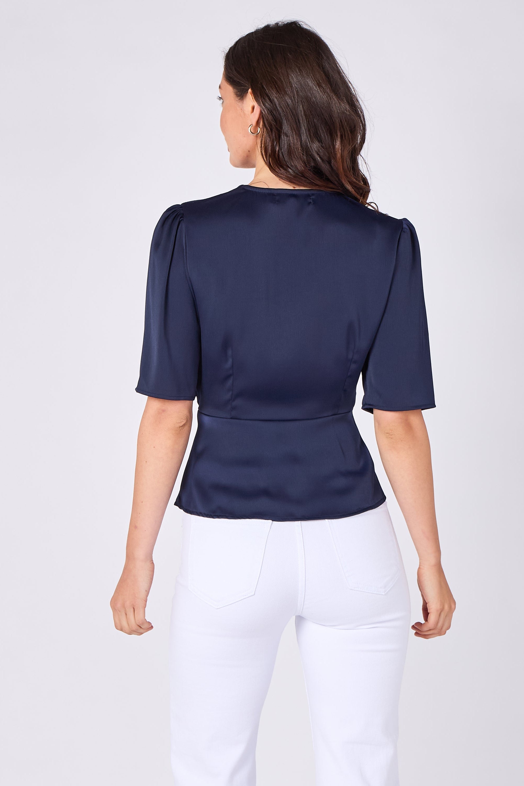 Navy short sleeve satin top back view