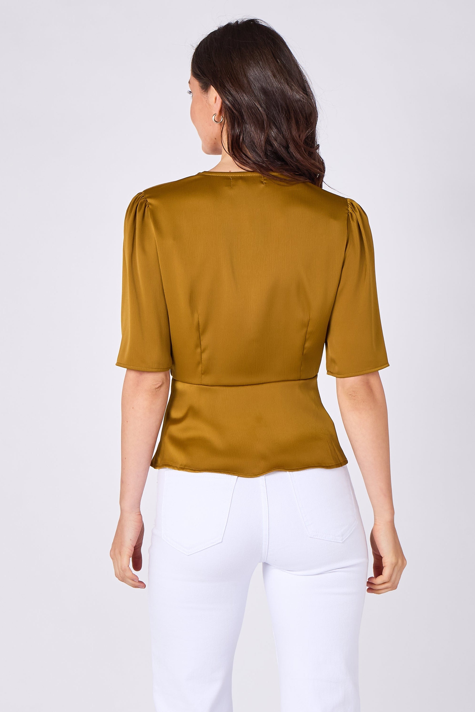 Olive satin tie front short sleeve top back view
