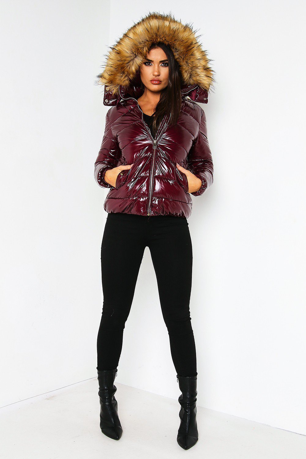 6Pcs Merlot Wet LookPuffer Jacket with Faux Fur on Hood