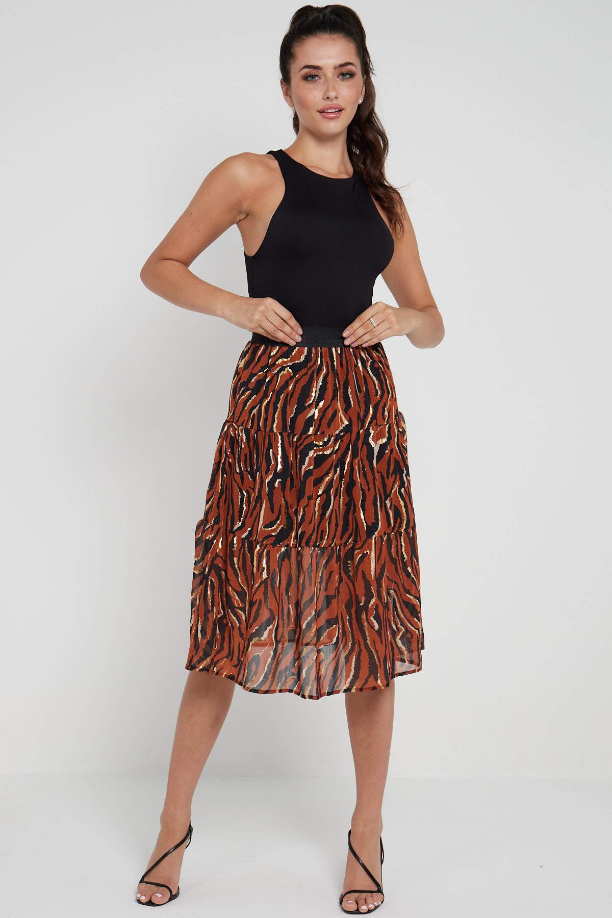 8Pcs Rust Zebra Printed Gold Striped Tiered Midi Skirt