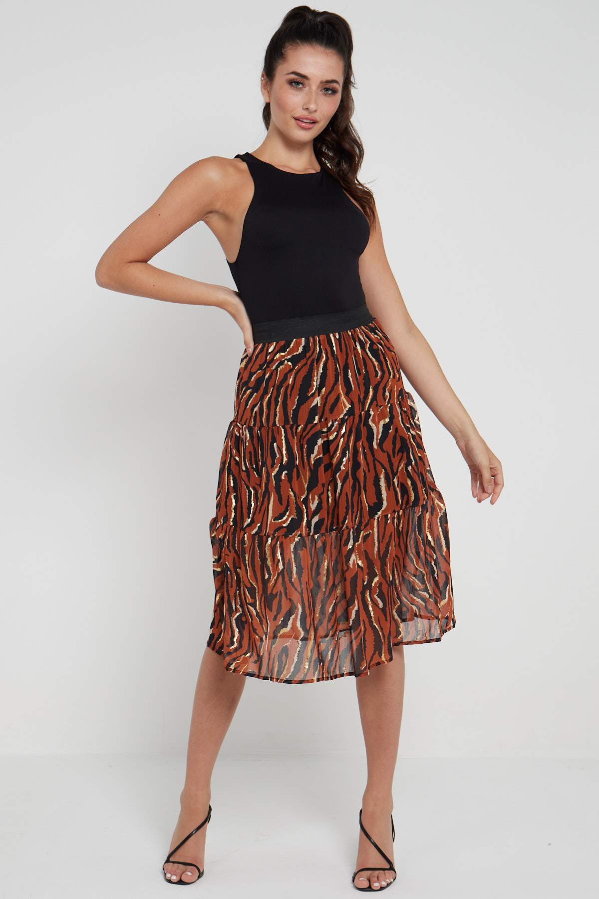 8Pcs Rust Zebra Printed Gold Striped Tiered Midi Skirt