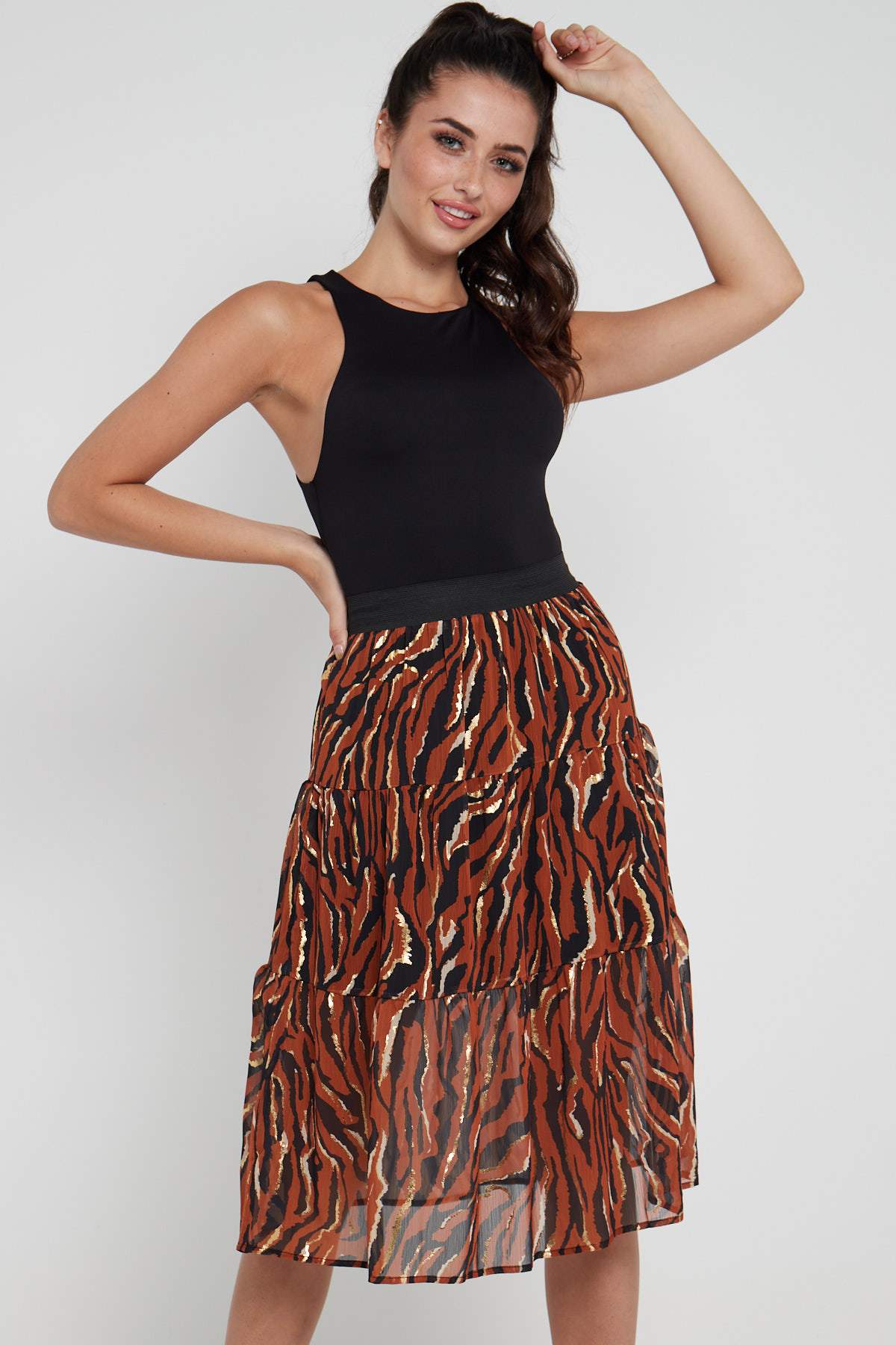 8Pcs Rust Zebra Printed Gold Striped Tiered Midi Skirt