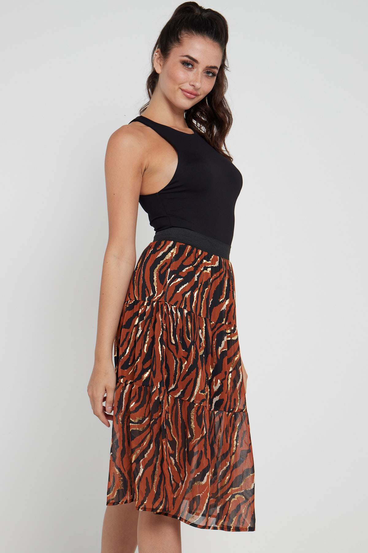 8Pcs Rust Zebra Printed Gold Striped Tiered Midi Skirt