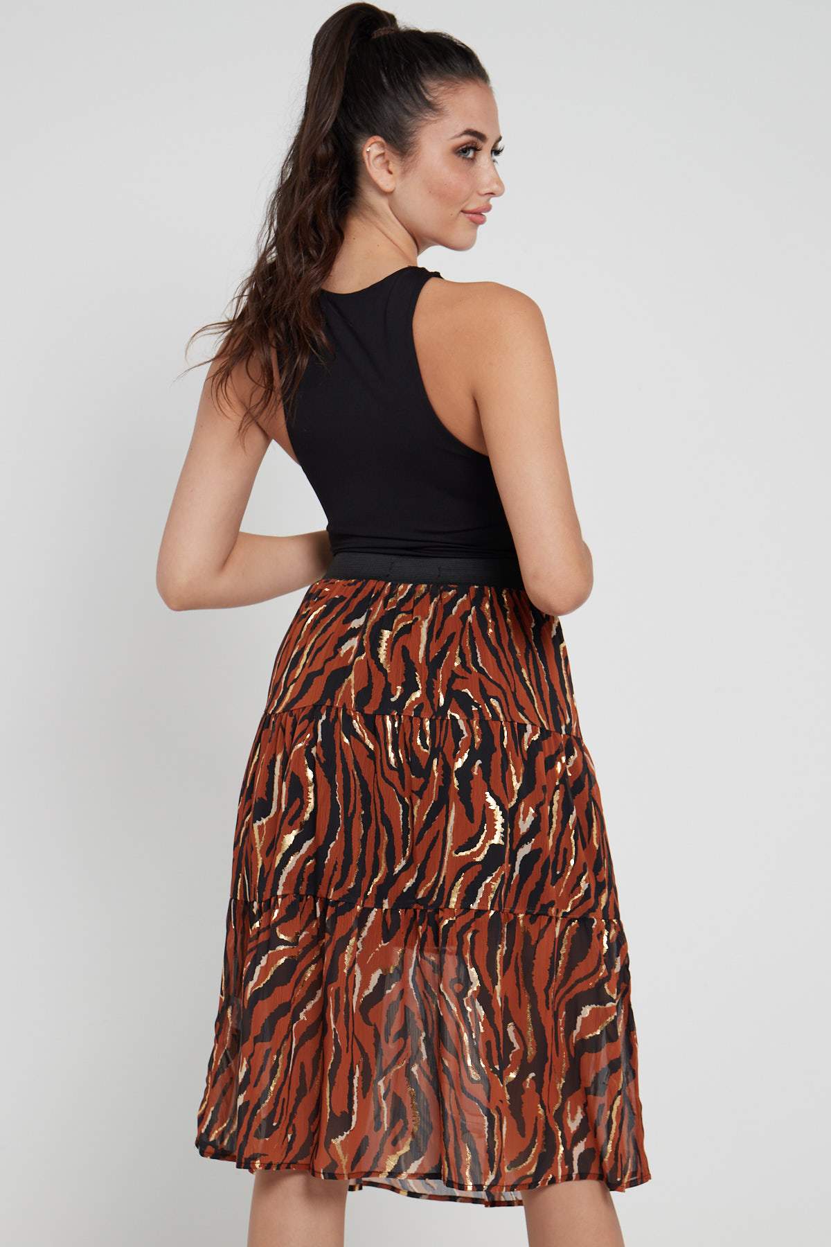 8Pcs Rust Zebra Printed Gold Striped Tiered Midi Skirt