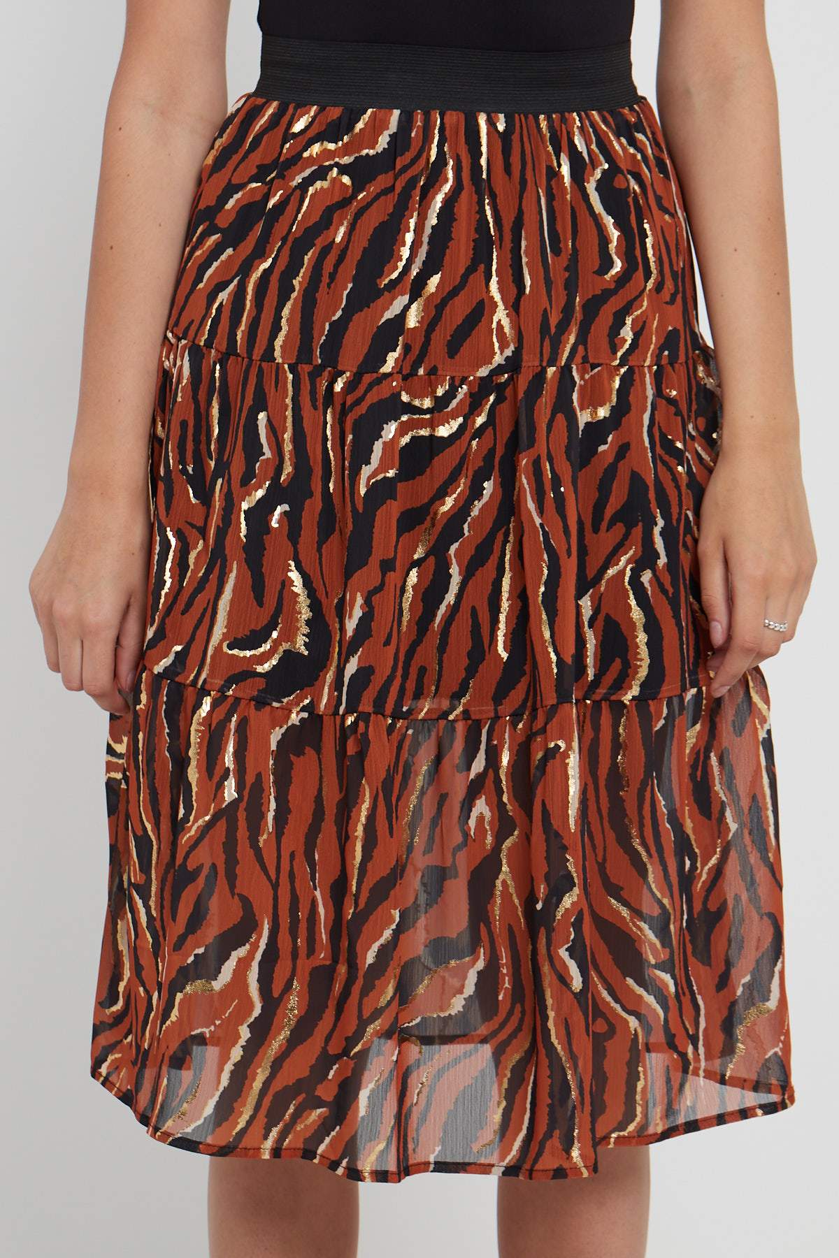 8Pcs Rust Zebra Printed Gold Striped Tiered Midi Skirt