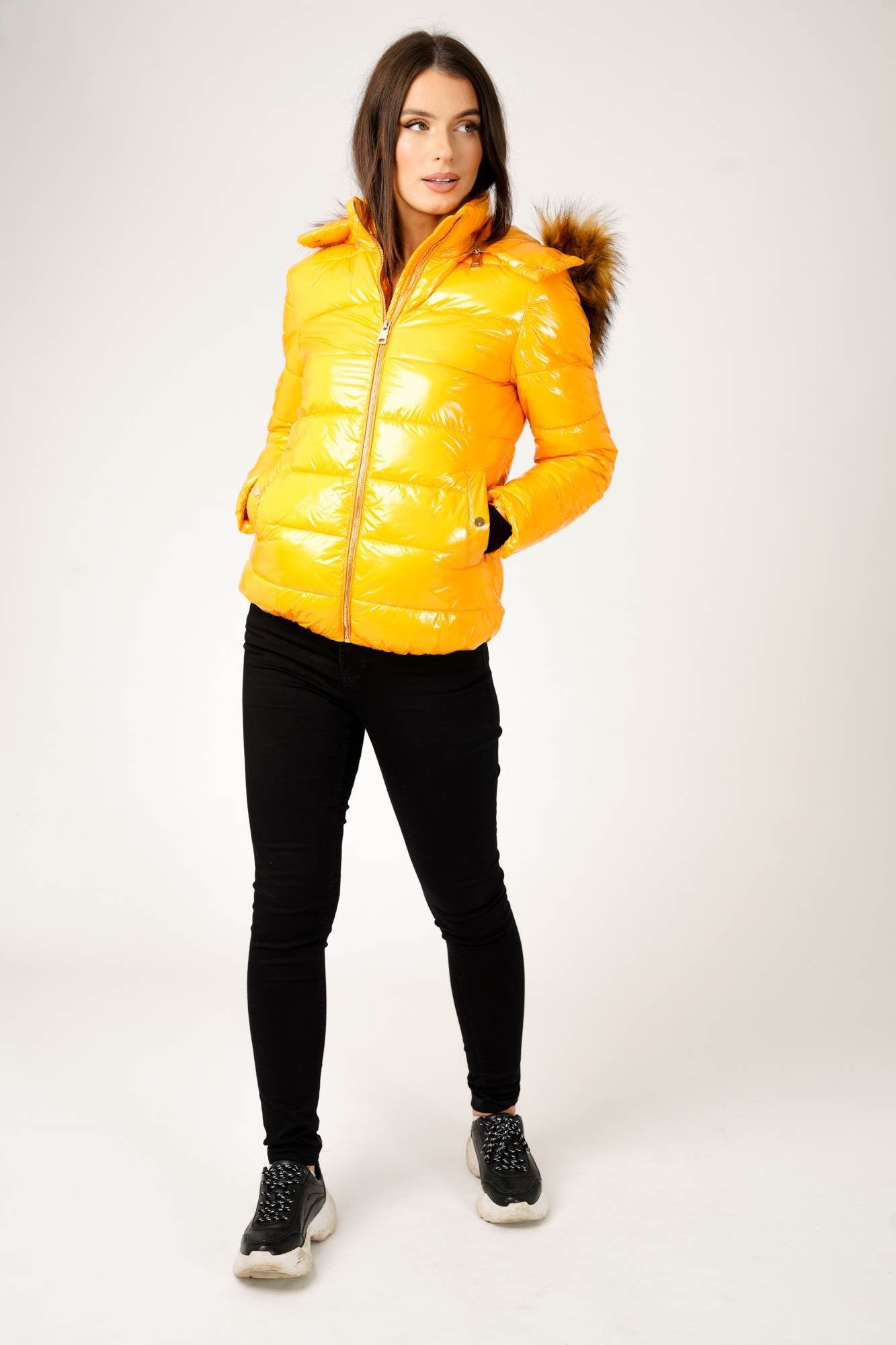 6Pcs Wet Look Padded Jacket with Faux Fur Hood in Shiny Mustard