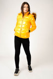 6Pcs Wet Look Padded Jacket with Faux Fur Hood in Shiny Mustard