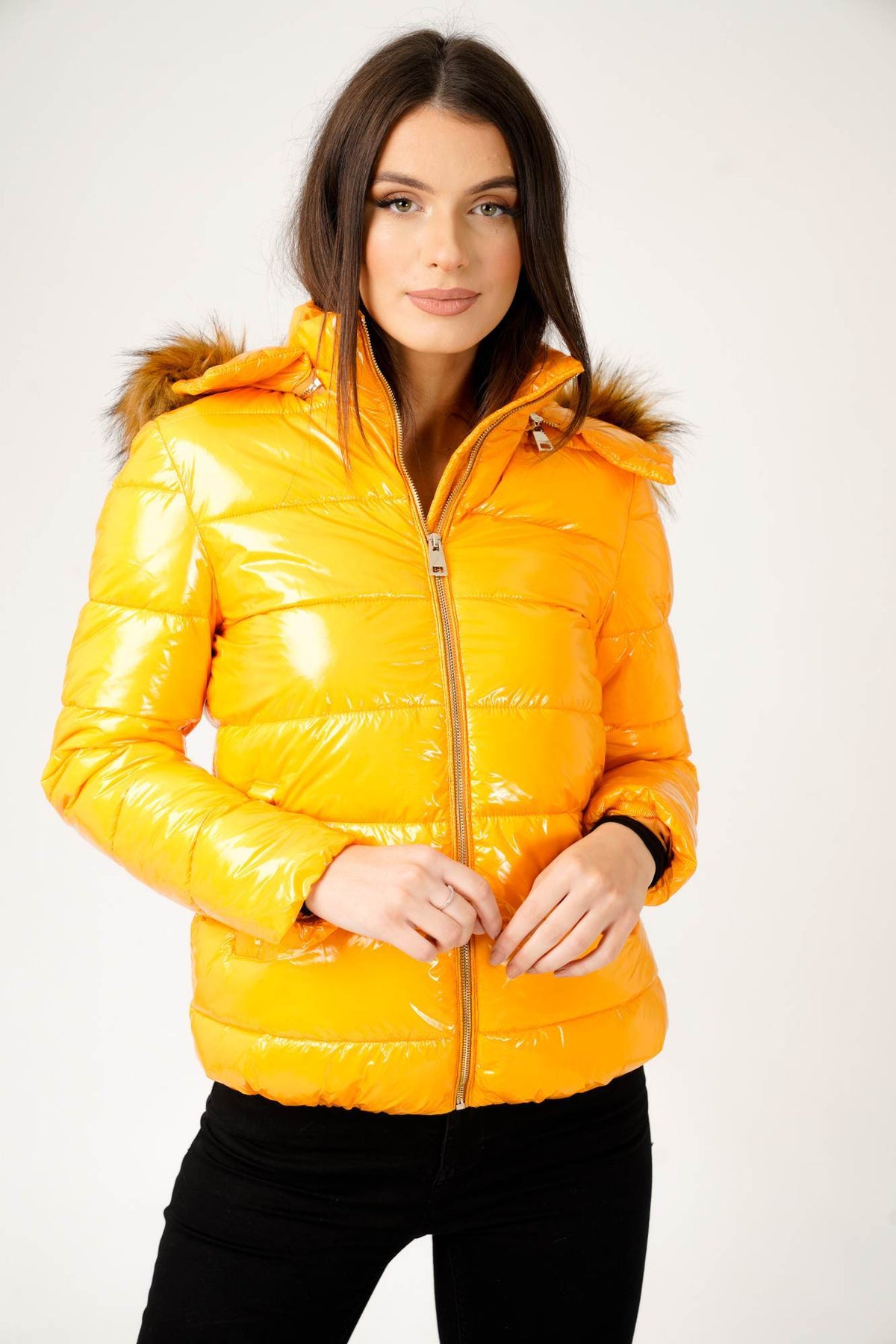 6Pcs Wet Look Padded Jacket with Faux Fur Hood in Shiny Mustard