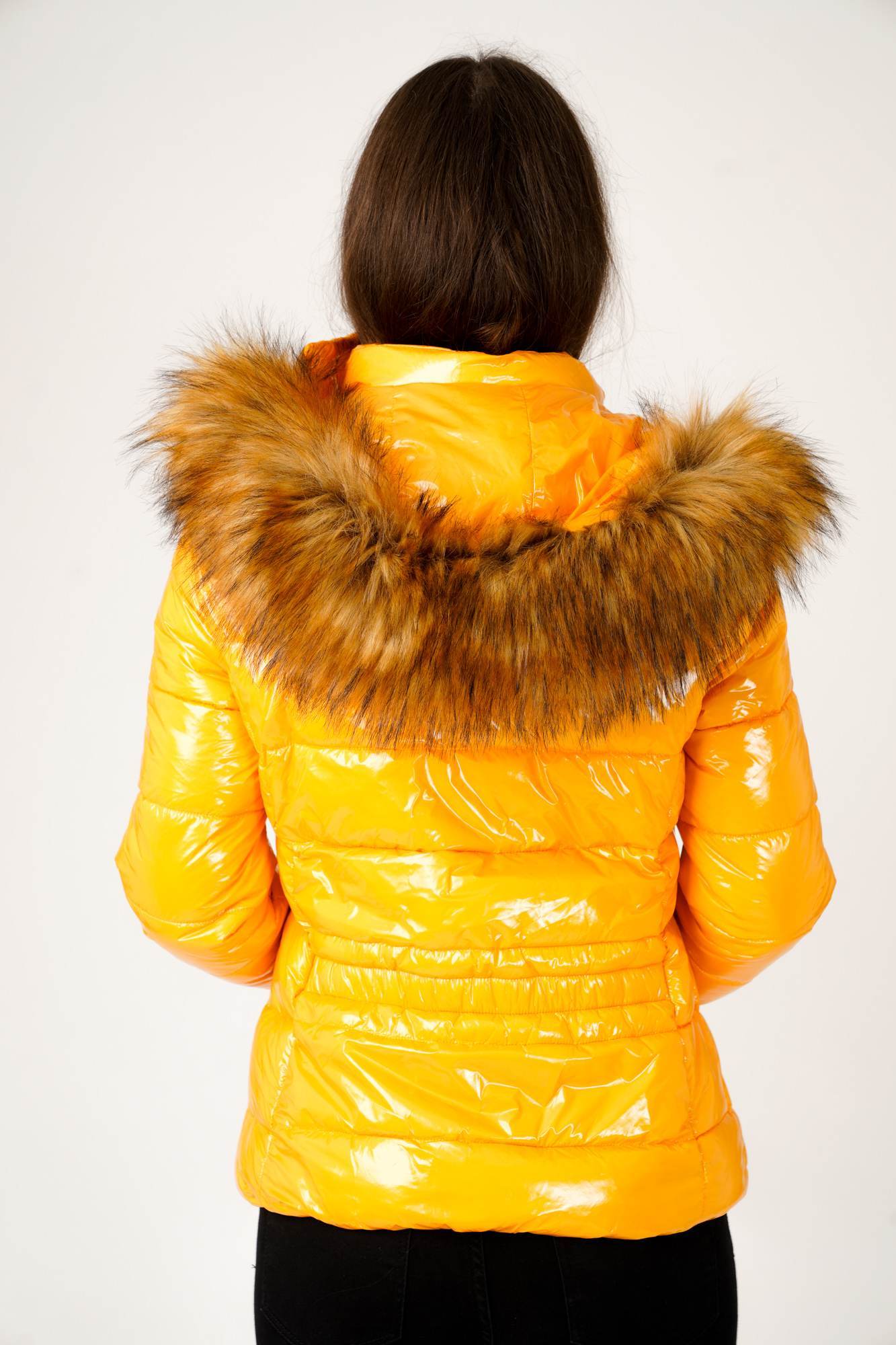 6Pcs Wet Look Padded Jacket with Faux Fur Hood in Shiny Mustard