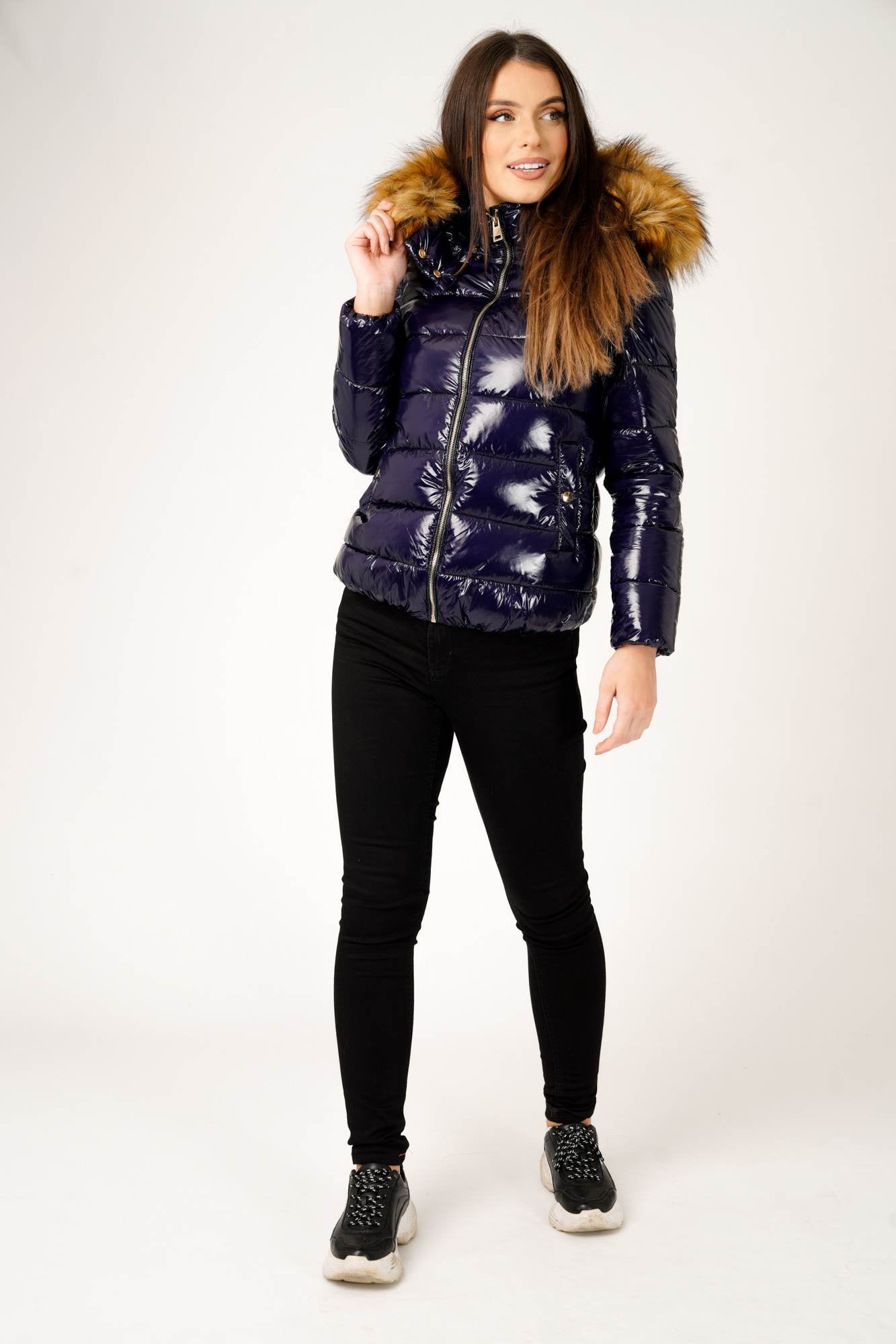 6Pcs Navy Wet Look Puffer Coat with Faux Fur Hood