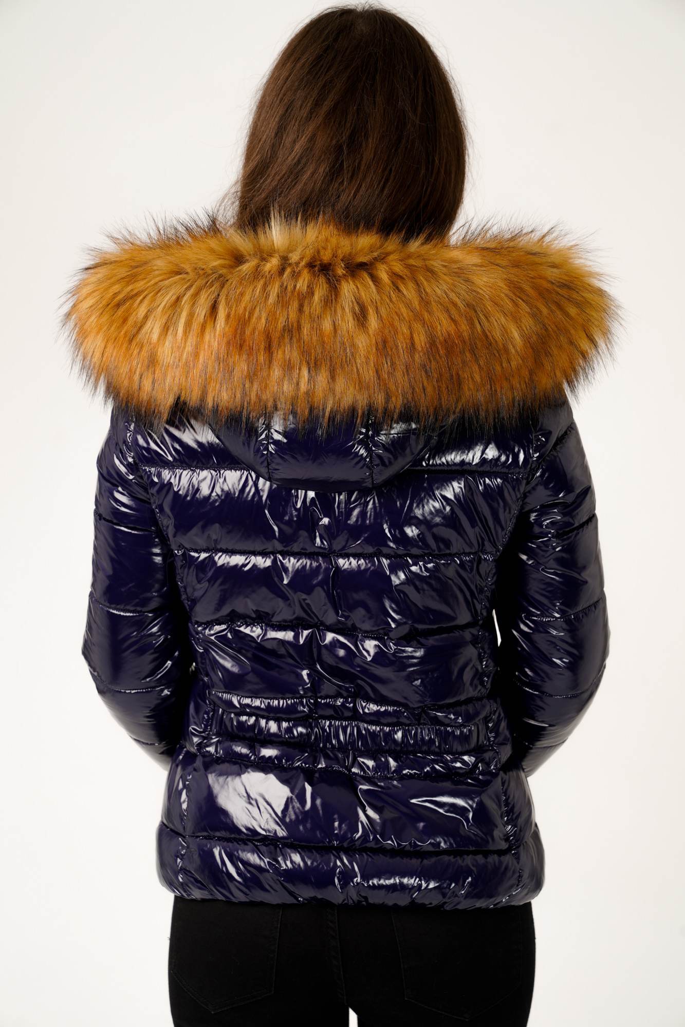 6Pcs Navy Wet Look Puffer Coat with Faux Fur Hood