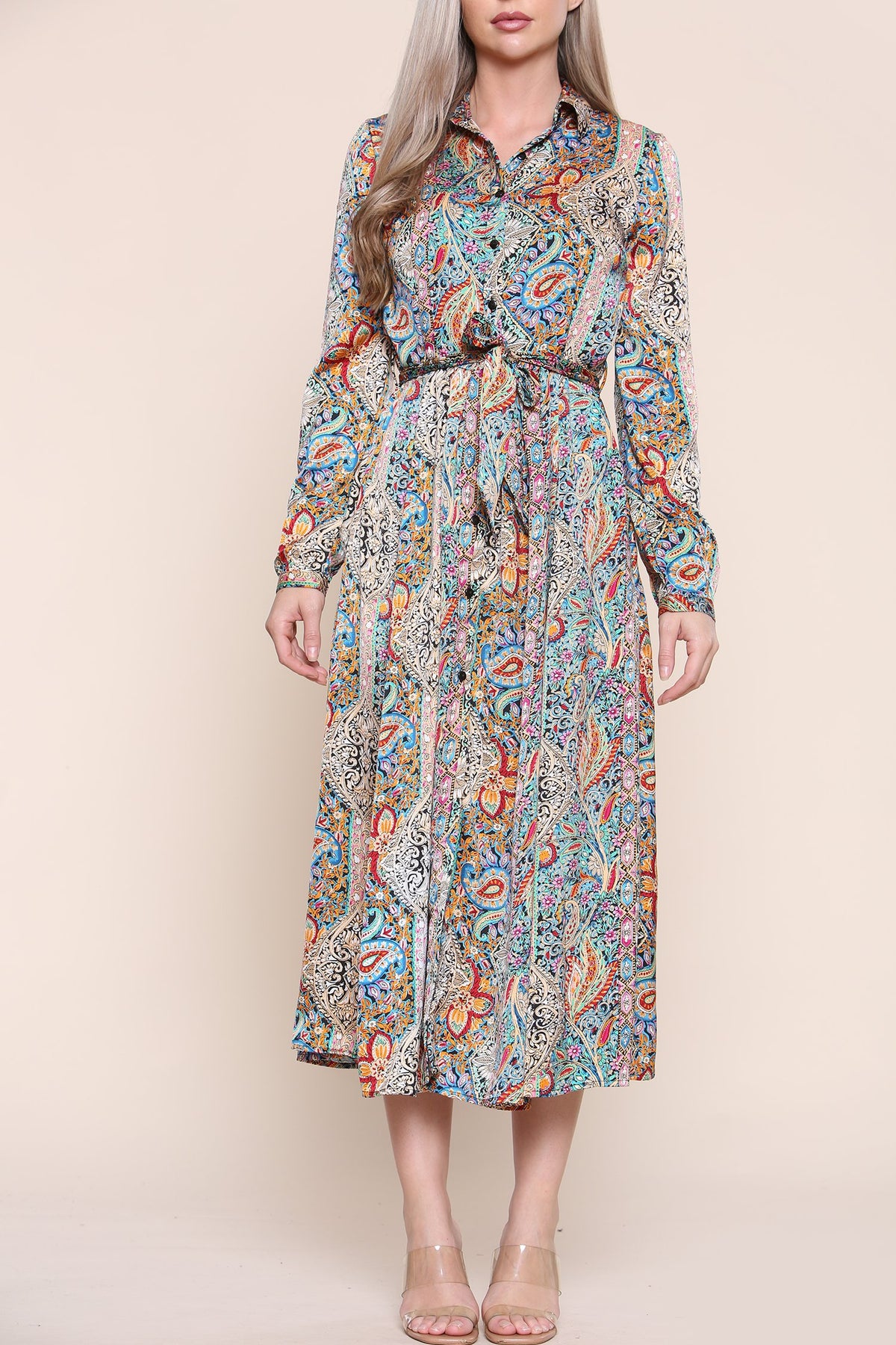 8Pcs Green Paisley Printed Long Sleeve Maxi Dress