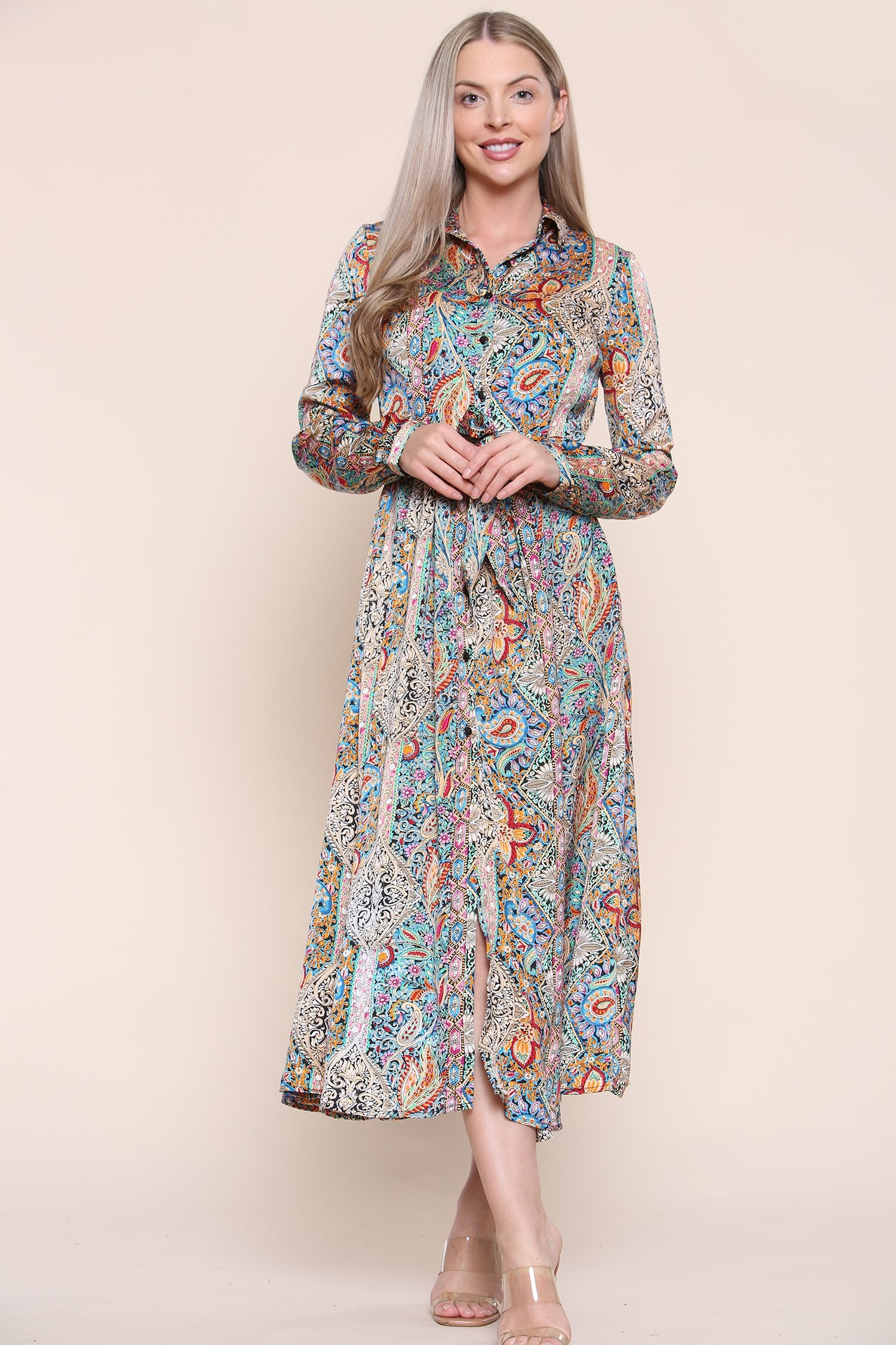 8Pcs Green Paisley Printed Long Sleeve Maxi Dress