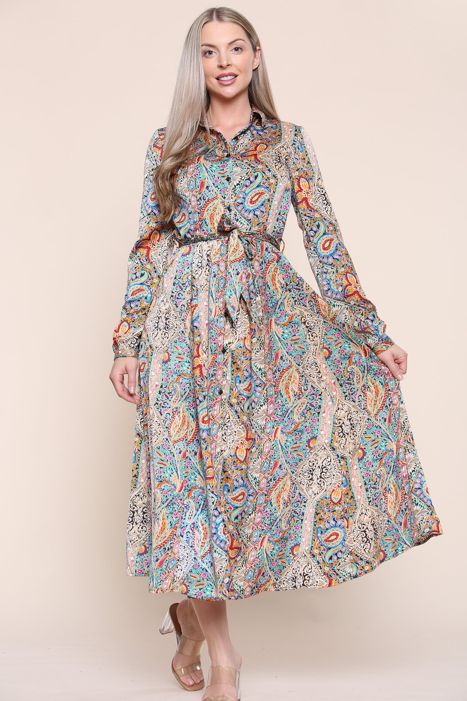 8Pcs Green Paisley Printed Long Sleeve Maxi Dress