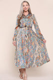 8Pcs Green Paisley Printed Long Sleeve Maxi Dress
