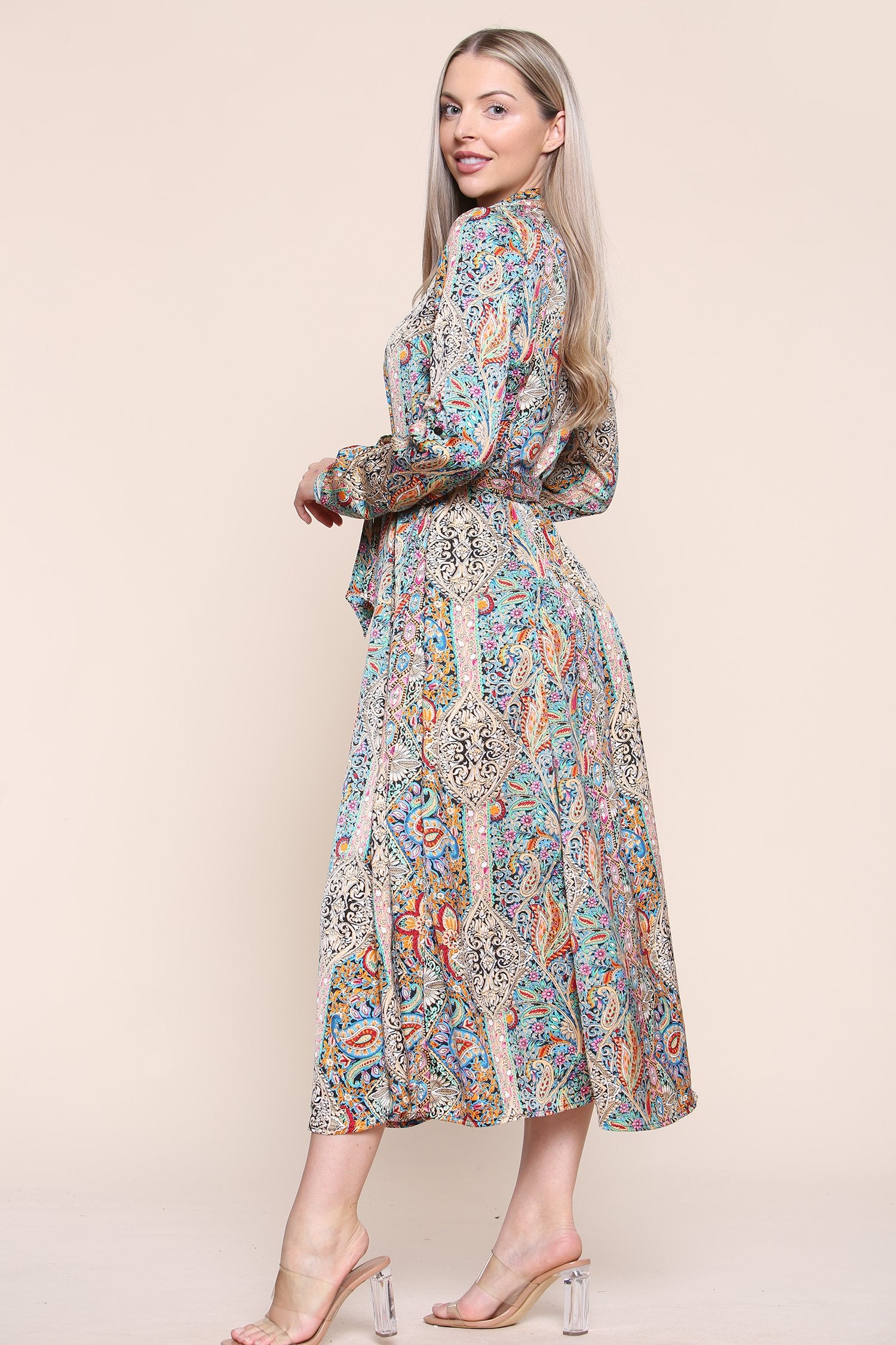 8Pcs Green Paisley Printed Long Sleeve Maxi Dress